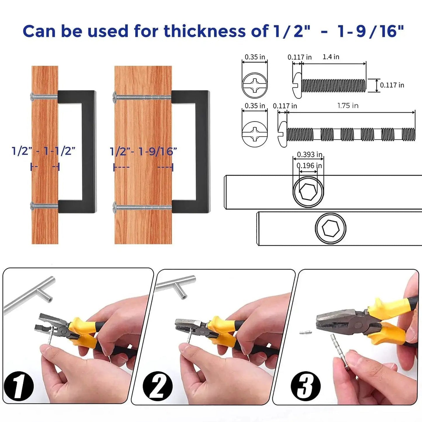 Installation guide for 30 Pack 4 Inch Square Kitchen Cabinet Handles Matte Black Drawer Pulls with measurements and tools.