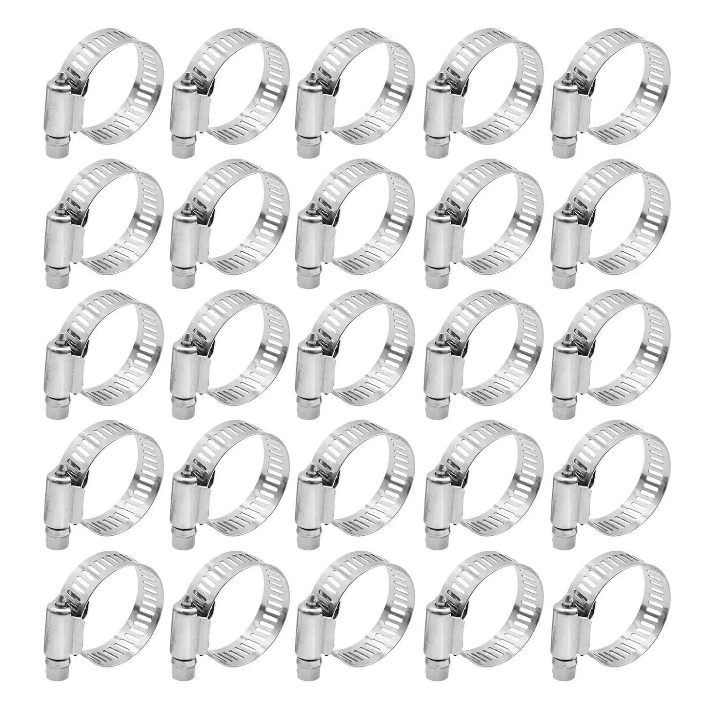 Set of 25 Heavy Duty Pro Grade Stainless Steel Hose Clamps, 304 Pro Grade, fits 3/4 to 1-1/4 inch pipes, corrosion resistant.