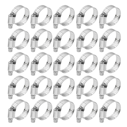 Set of 25 Heavy Duty Pro Grade Stainless Steel Hose Clamps, 304 Pro Grade, fits 3/4 to 1-1/4 inch pipes, corrosion resistant.