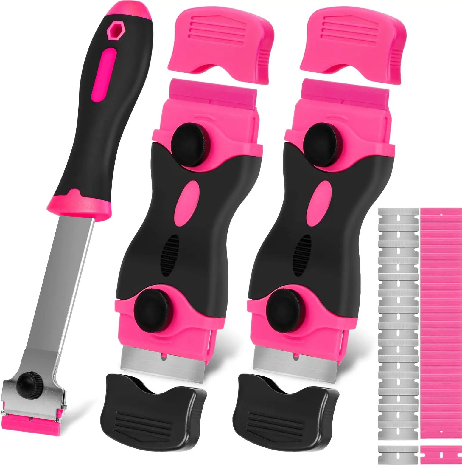 Pink Razor Scraper Kit With 3 Scrapers And 45 Replacement Blades Including 15 Metal And 30 Plastic Blades For Paint Adhesive Decal Stickers Glass Window Stovetop Cleanup Includes 1 Long Scraper And 2 Double Ended Scrapers shown with blades