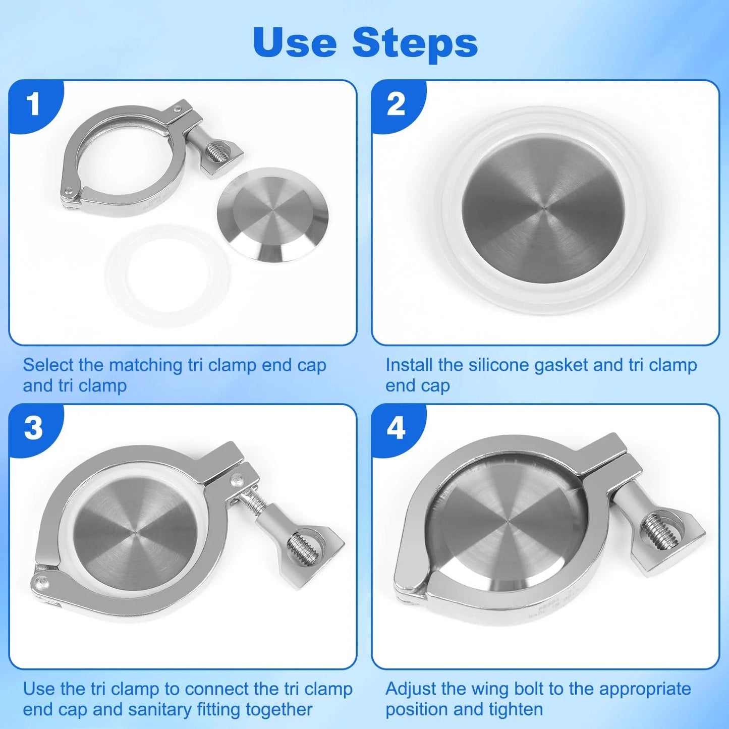 Step-by-step guide showing installation of 5 Pack 1.5 Inch End Caps For Tri Clamp Sanitary Fittings Made Of 304 Stainless Steel With Silicone Gasket