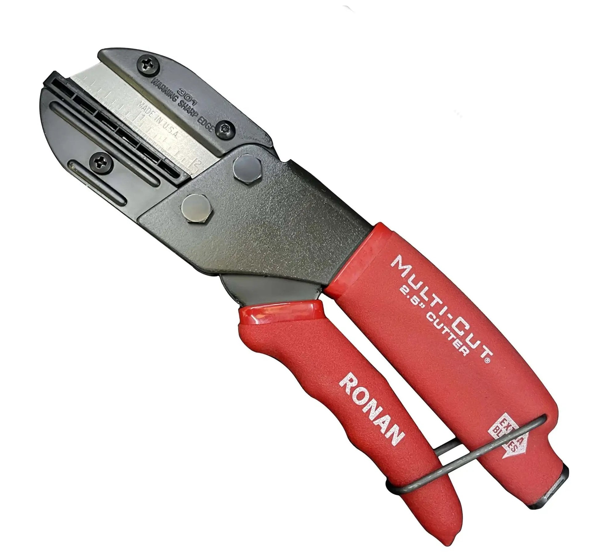 Heavy-duty industrial cutter for plastic, rubber, wood, leather and PEX, single unit with 3 replaceable razor blades, red/black handle