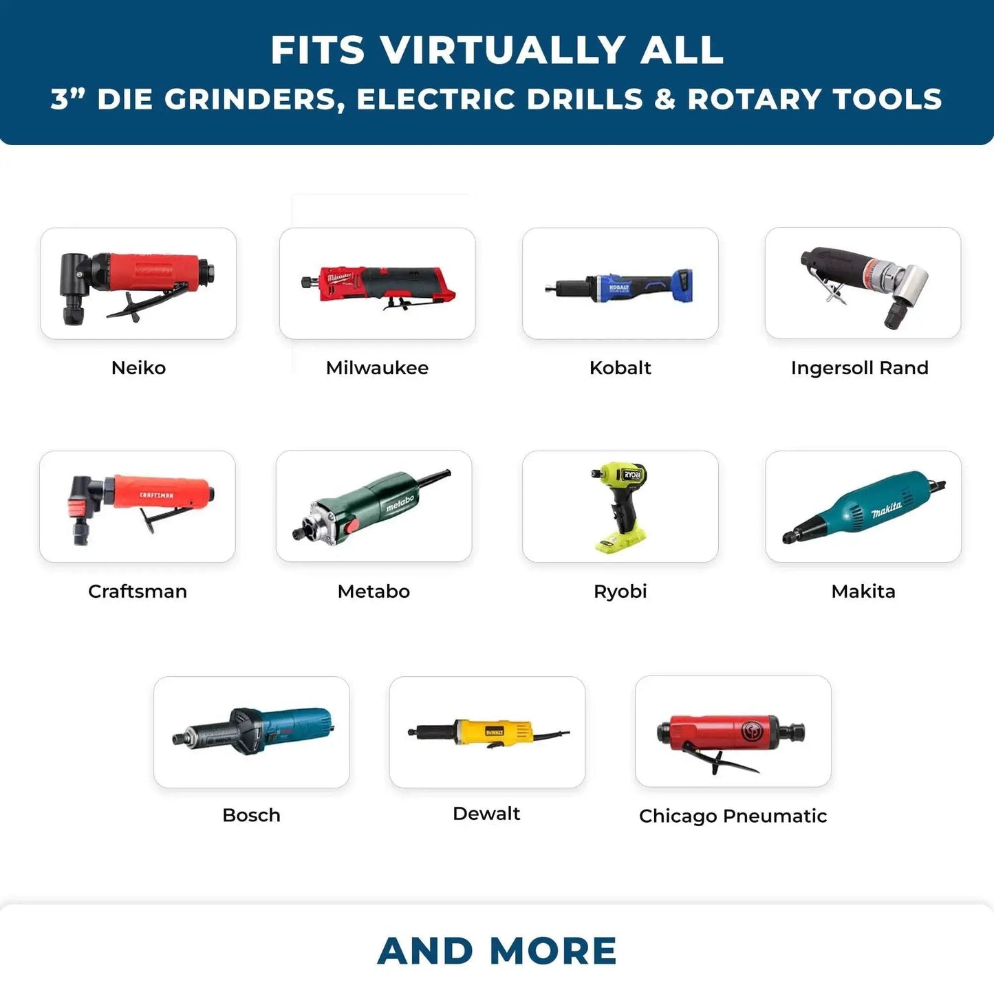 Fits virtually all 3-inch die grinders, electric drills, and rotary tools compatible with various brands shown.