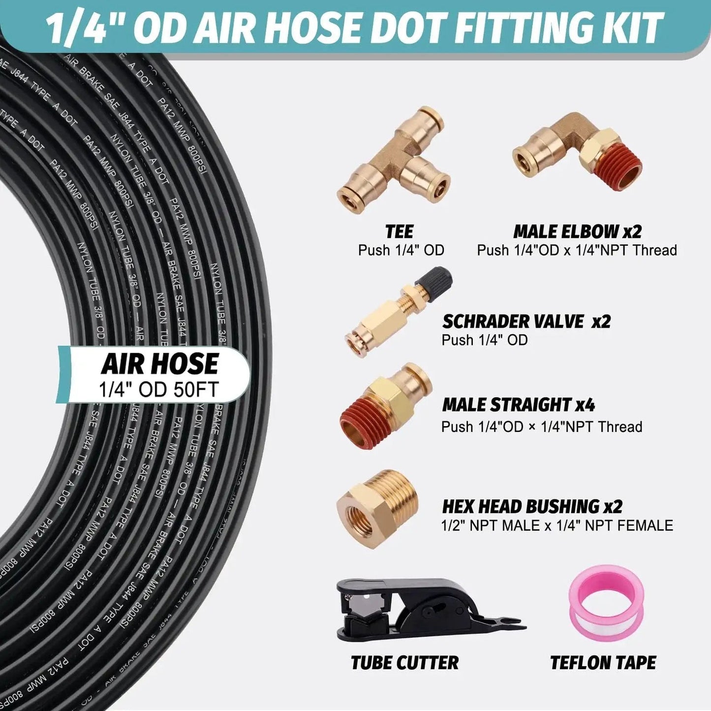 Heavy Duty 50 Feet Quarter Inch Air Hose With 11 Piece Push To Connect Fittings Kit Brass DOT SAE J844 PA12 Nylon Air Line Tubing Cutter