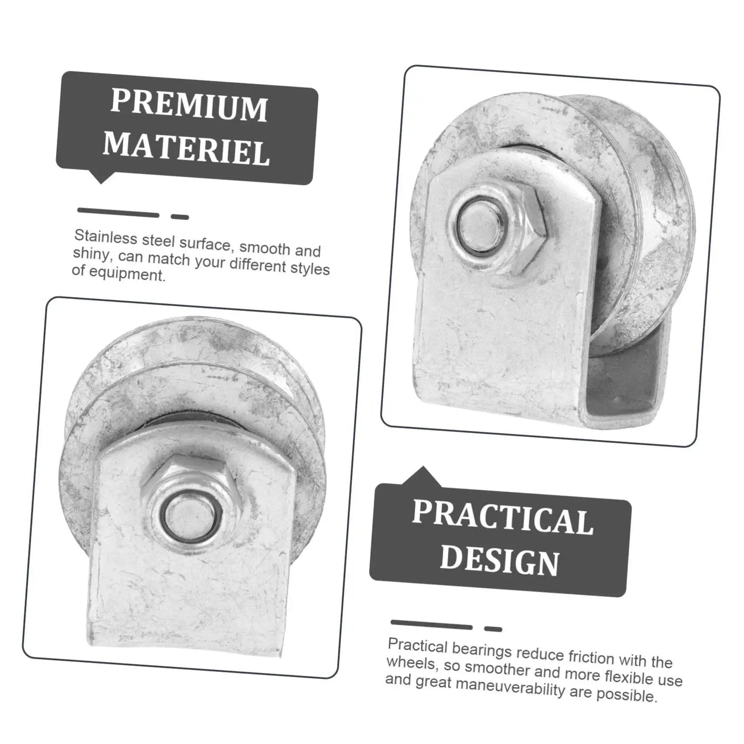 Cast Iron V-Groove Wheel Heavy Duty Steel Roller For Sliding Gates side view and front view showing premium stainless steel finish