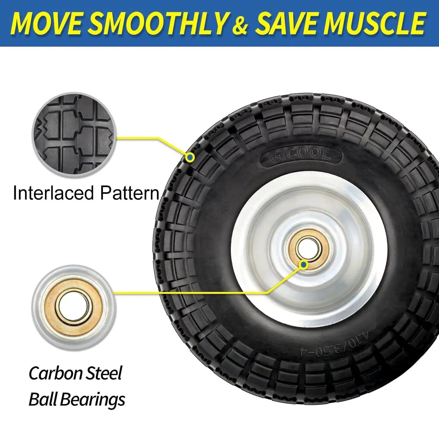 Close-up of flat free 10 inch tire and wheel 4.10/3.50-4 for hand trucks, showing interlaced pattern and carbon steel ball bearings.