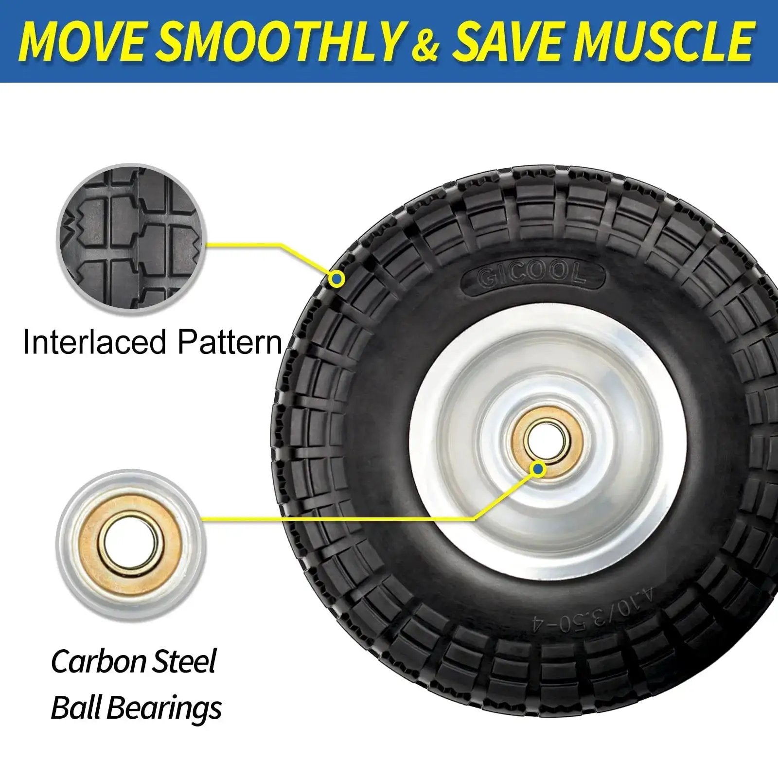 Close-up of flat free 10 inch tire and wheel 4.10/3.50-4 for hand trucks, showing interlaced pattern and carbon steel ball bearings.