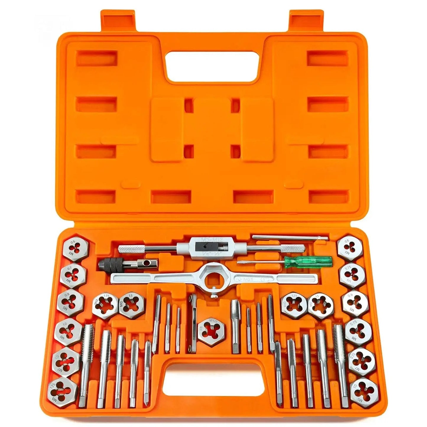 40 Piece Metric Tap And Die Set With Coarse And Fine Threads M3 Through M12 Includes Handles Accessories And Case Pro Grade GCr15 Bearing Steel And Precision CNC Machined Teeth For Reliable Thread Repair And Maintenance in orange case