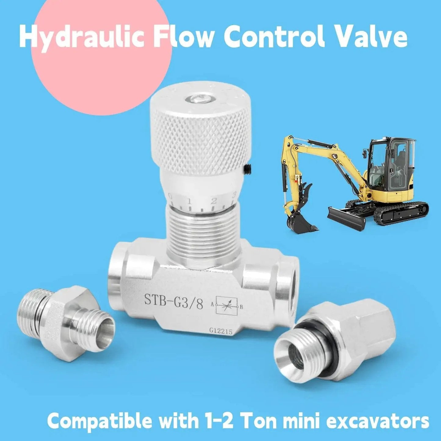 Heavy Duty Three Eighths Inch L08 Hydraulic Flow Control Valve for One to Two Ton Mini Excavators with connectors, excavator image