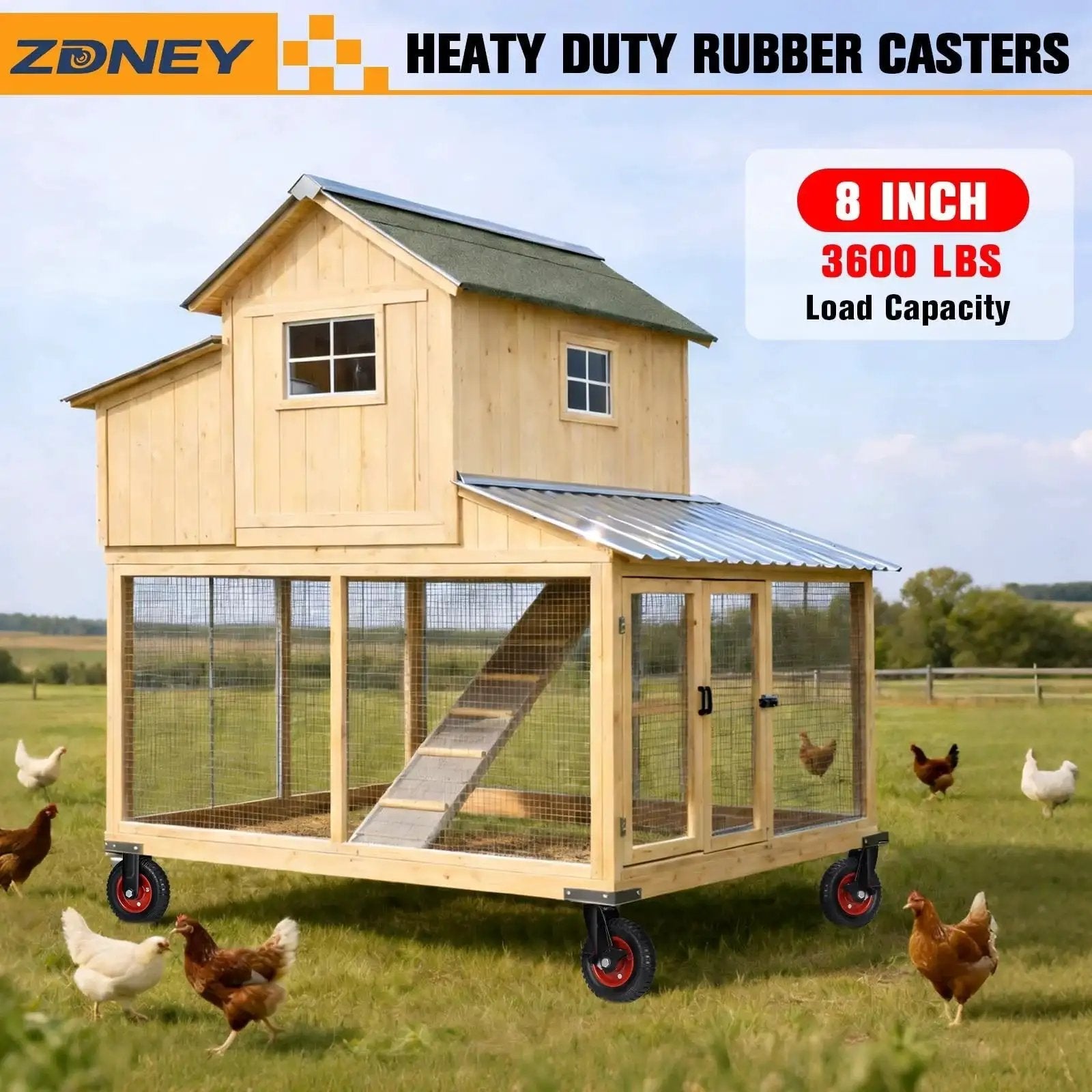 Chicken coop on Heavy Duty 8 Inch By 2 Inch Casters Set Of 4 With 3600 Lb Total Capacity wheels on a grassy field