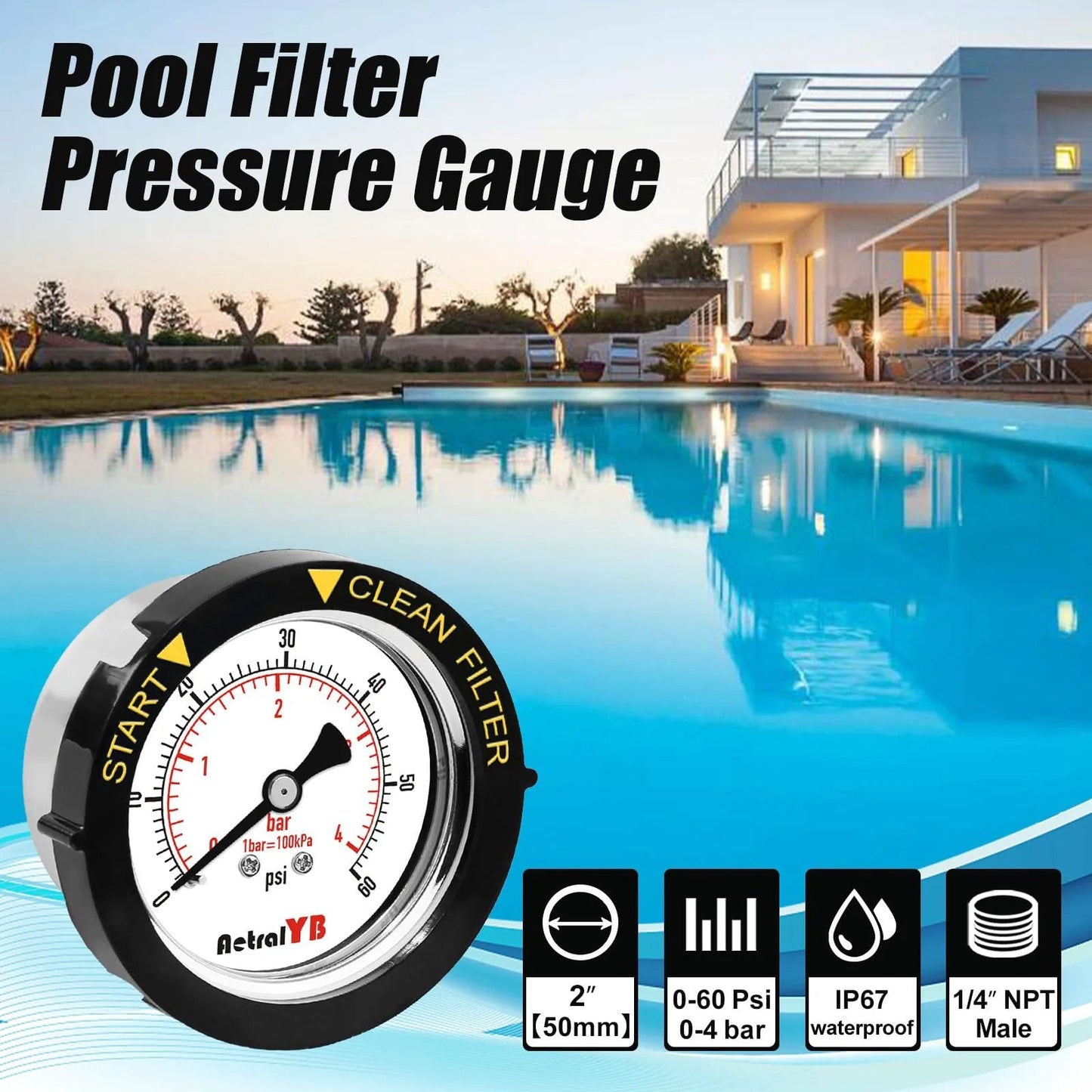 Pool Filter Pressure Gauge Zero To Sixty PSI With Two Inch Dial One Quarter Inch NPT Back Mount 304 Stainless Steel Case IP67 Waterproof