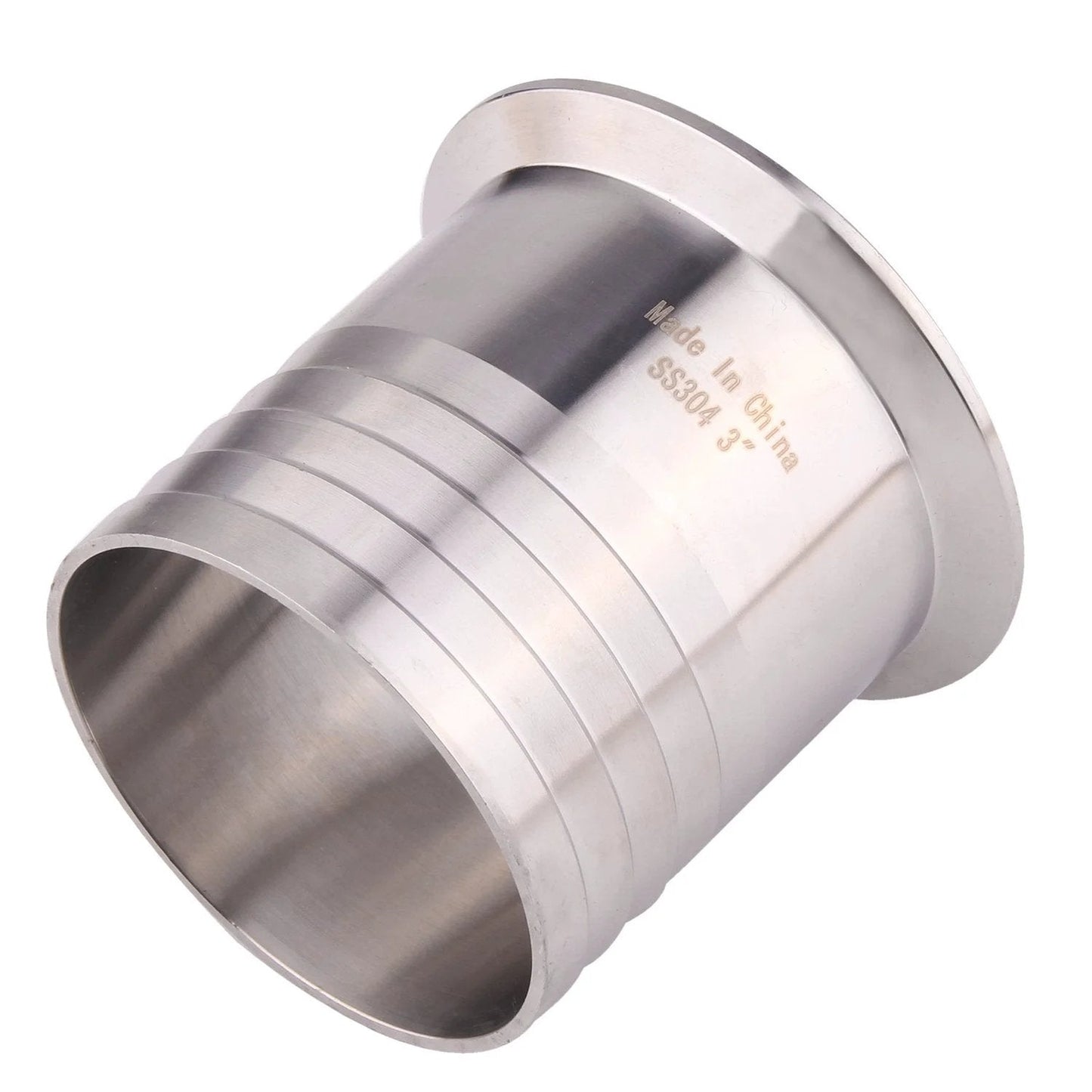 Three Inch Tri Clamp To Three Inch Hose Barbed Adapter SUS304 Stainless Sanitary Hose Pipe Fitting For Rubber Hoses And TPU Or Plastic Hoses With Barbed Ends For Tight Seal DERNORD shown in side view.