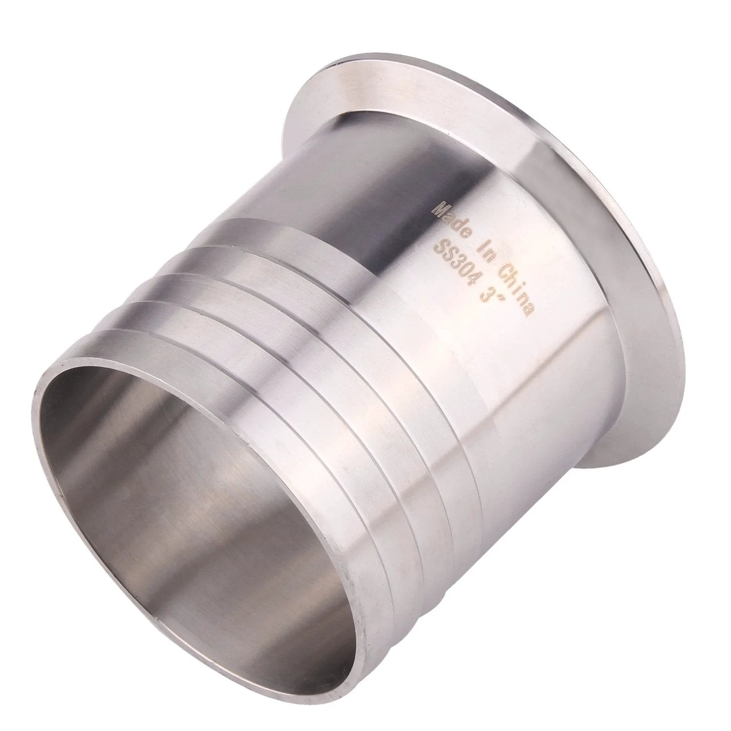 Three Inch Tri Clamp To Three Inch Hose Barbed Adapter SUS304 Stainless Sanitary Hose Pipe Fitting For Rubber Hoses And TPU Or Plastic Hoses With Barbed Ends For Tight Seal DERNORD shown in side view.