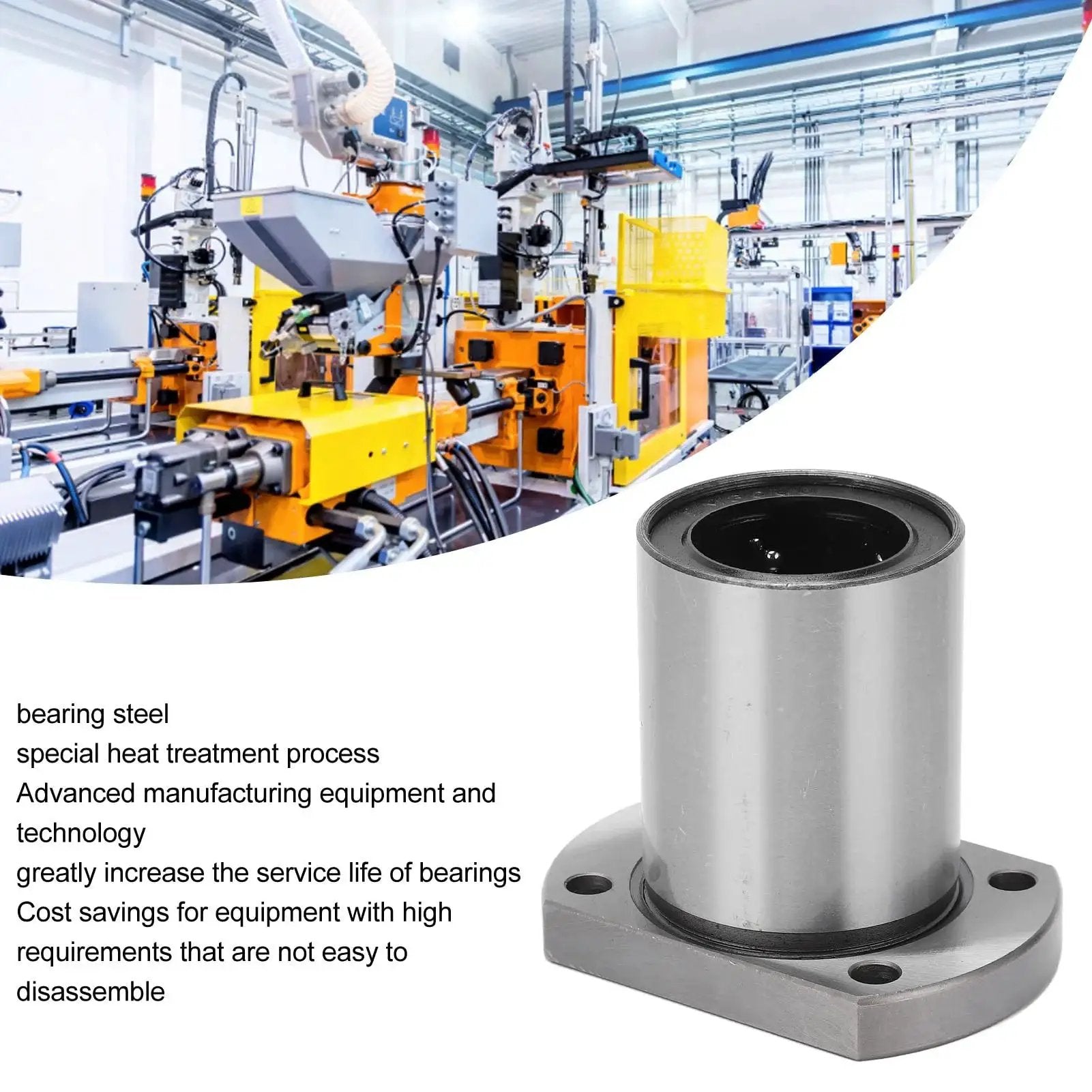 2Pcs Flange Linear Bearing Set For CNC Machines And Power Tools shown in an industrial setting with machinery in background.