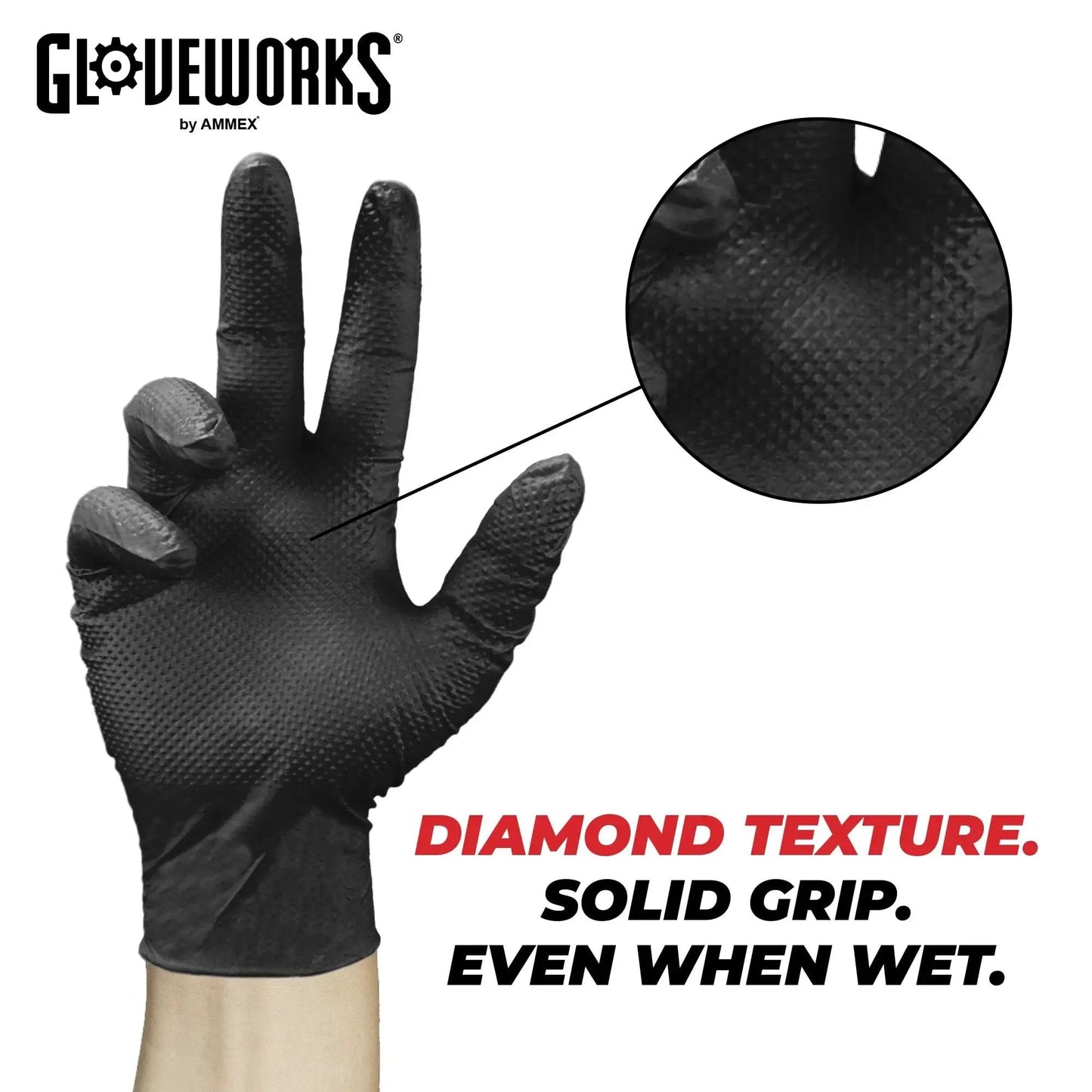 Black Nitrile Disposable Gloves 6 Mil Raised Diamond Texture Large Box Of 100 showing grip texture