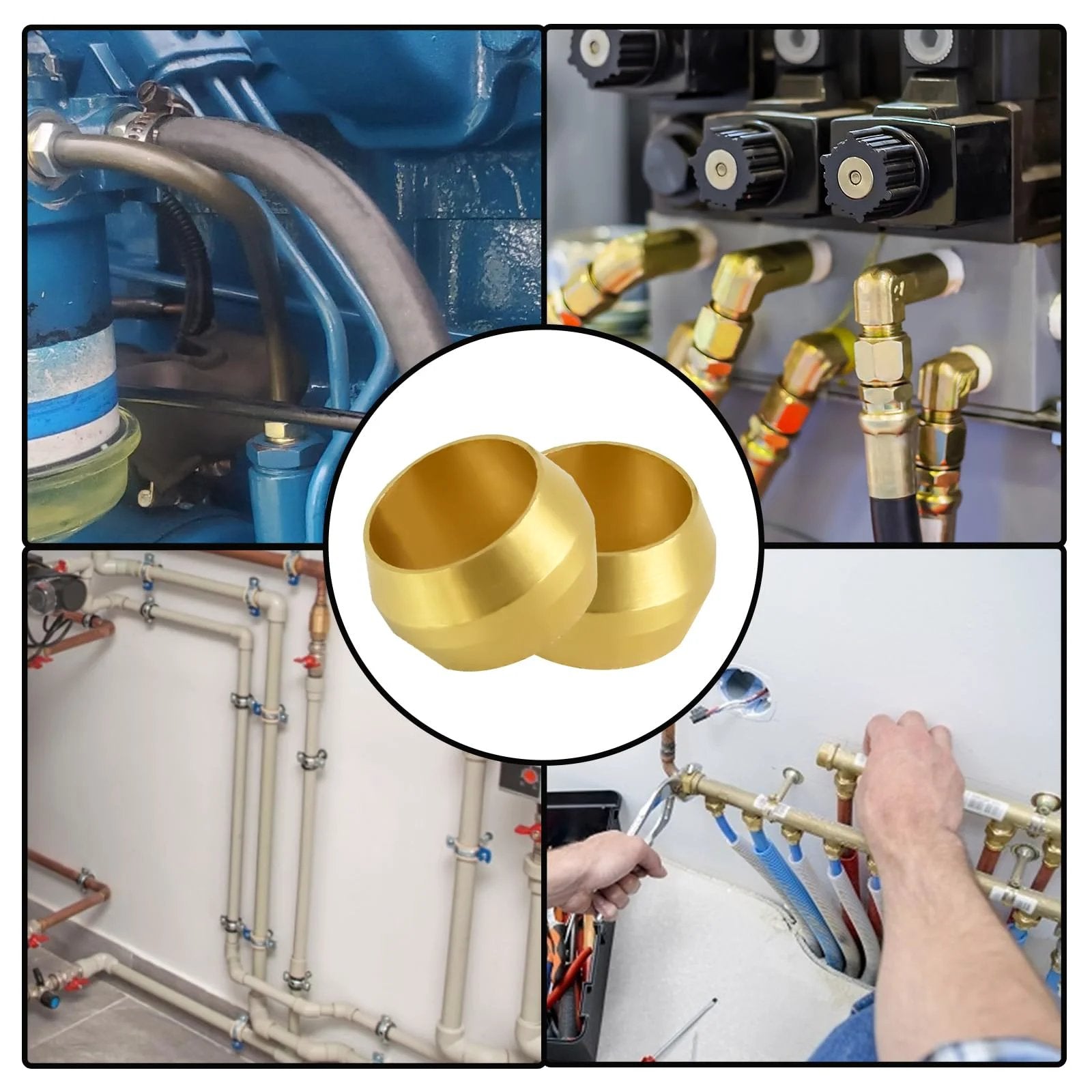 Brass Compression Sleeves Five Eighth Inch OD 50 Pack With Corrosion Resistant Ferrules And 304 Stainless Steel For Water Oil Air Hydraulic Lines HVAC Plumbing Universal Tube Fitting MuHize shown in various application settings