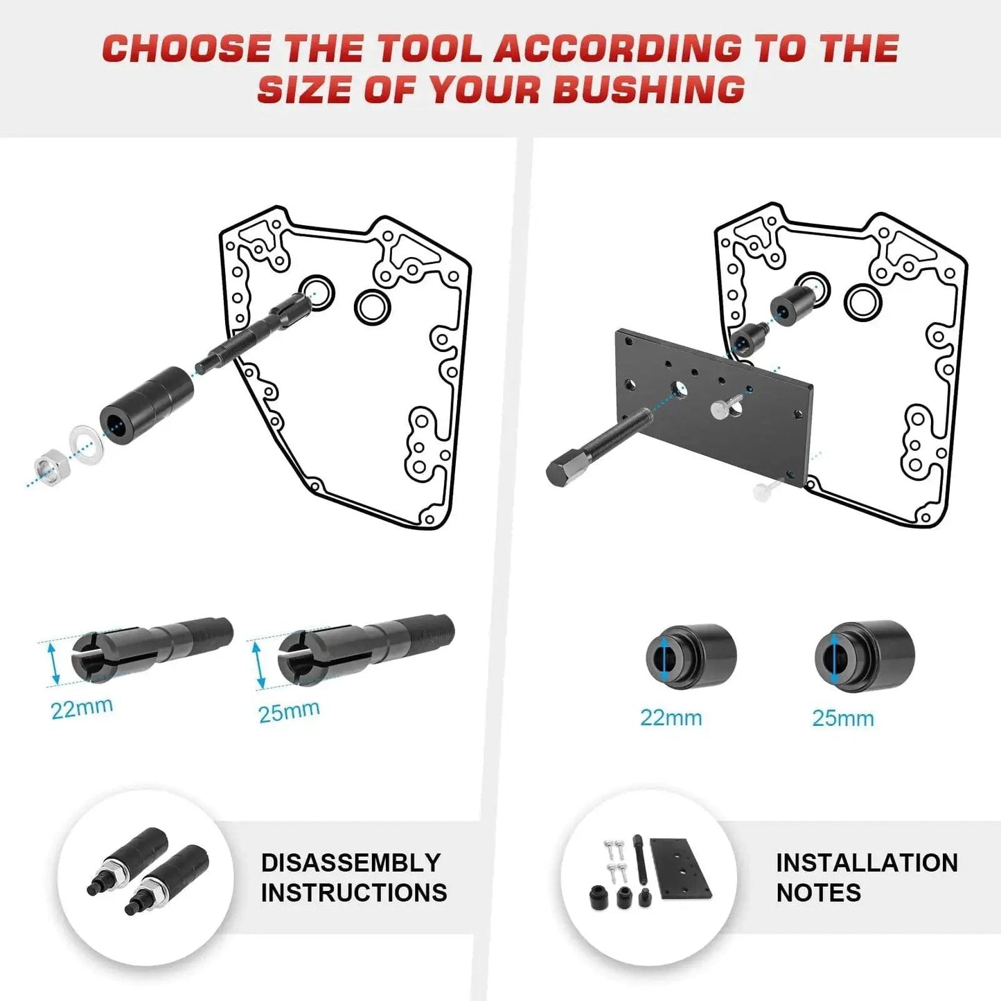 Inner Cam Bearing Installer And Puller Tool for Harley Twin Cam Engines 1999 to 2017 with size options 22mm and 25mm shown