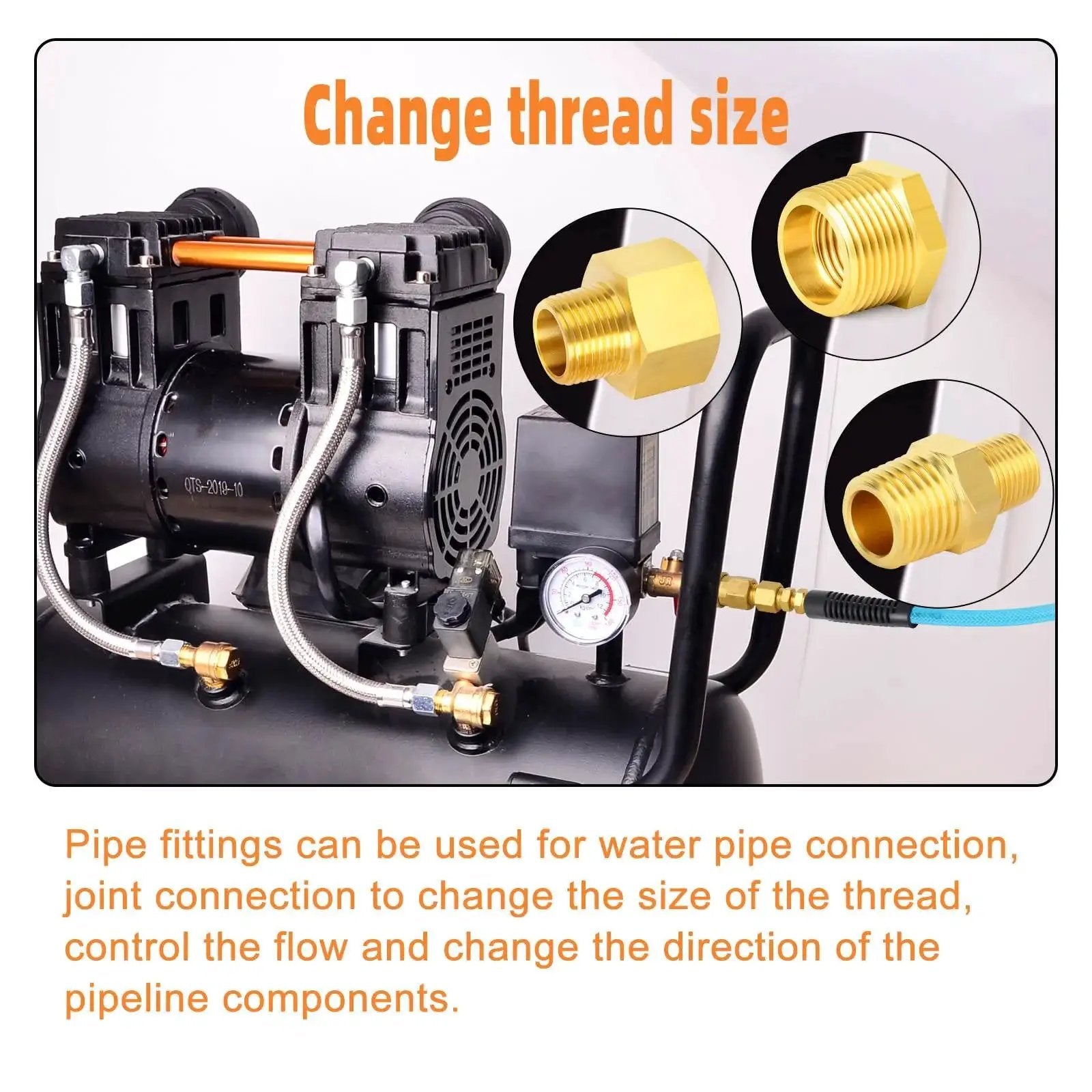 Durable Brass Pipe Fitting Set With 15 Pieces Including Hex Bushings Reducer Adapters And Reducing Nipples Three Eighths Inch NPT To Quarter Inch NPT Solid Brass Construction For Plumbing And DIY From GASHER, shown in use with an air compressor.