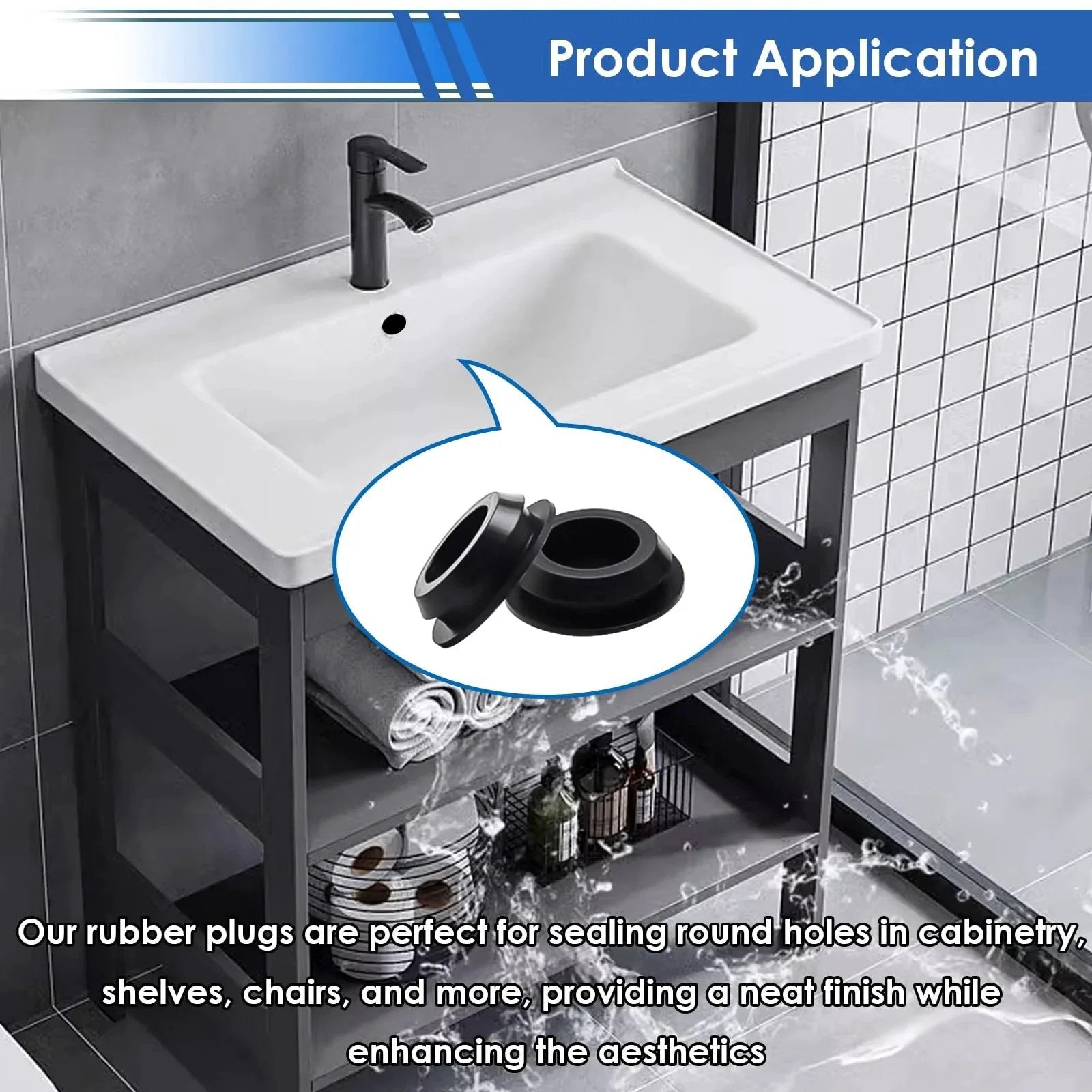 65 Pcs Rubber Plugs For Round Holes Set In 6 Sizes including one inch, assorted white plugs displayed in kitchen sink area