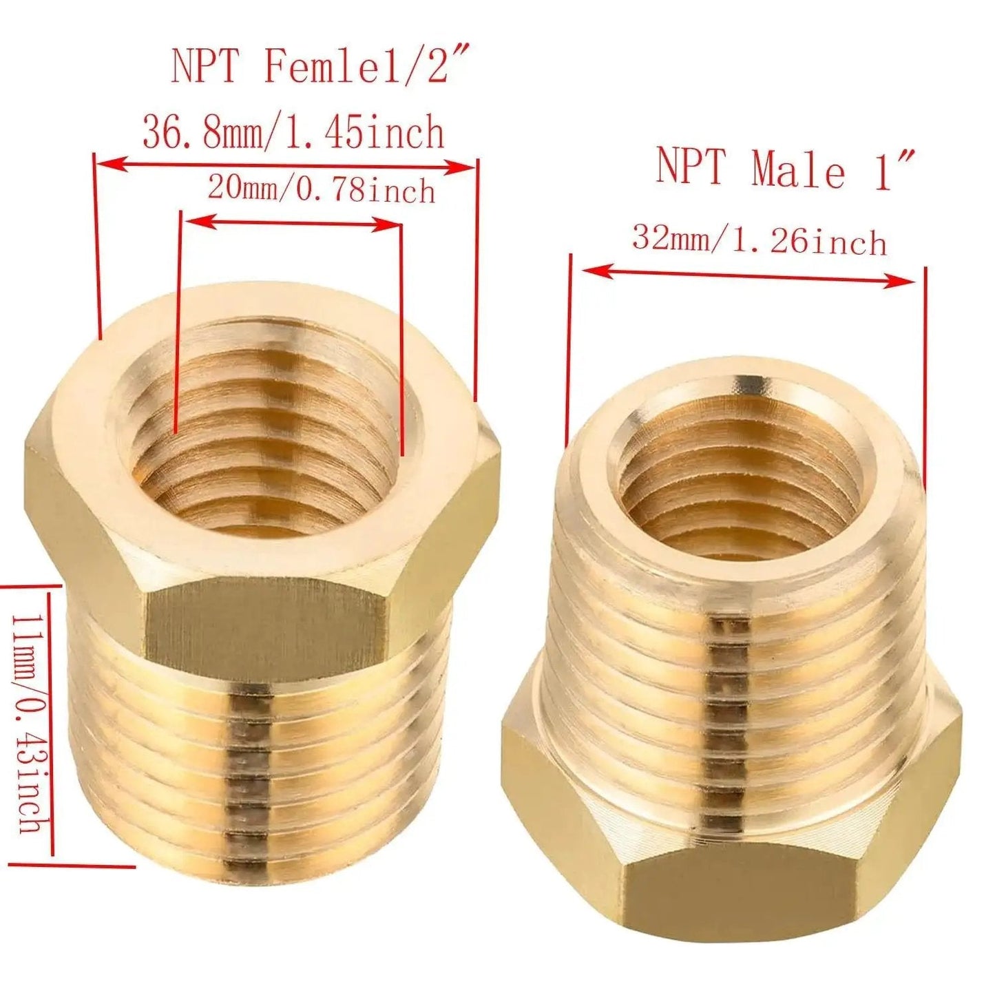 Brass Reducer Hex Bushing One Inch NPT Male To Three Quarter Inch NPT Female Pipe Fitting Adapter, showing dimensions, pack of four.