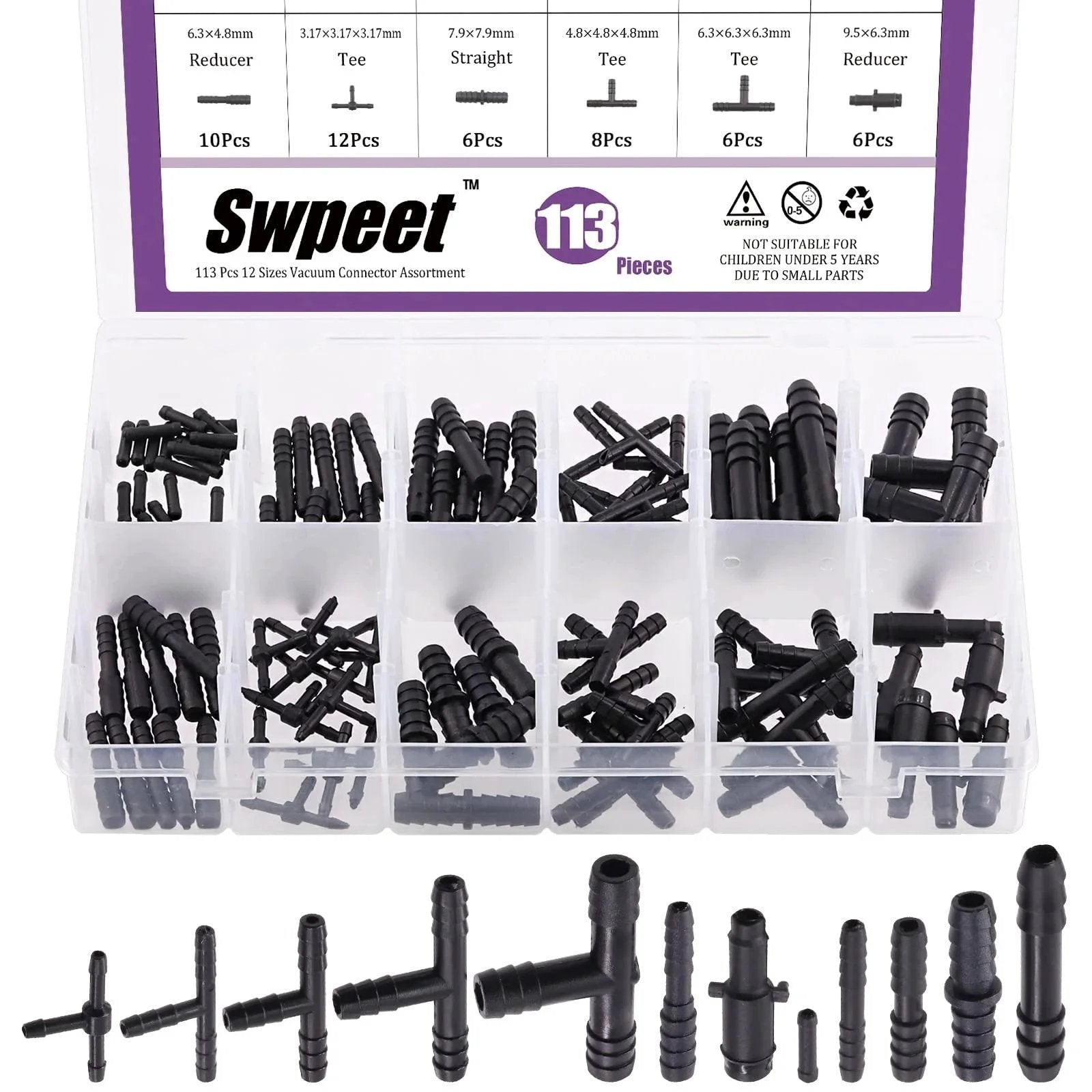 All In One 113 Piece Barbed Vacuum Connector Kit With Tee Connectors Reducers And Straight Hose Fittings For Replacing Vacuum Hoses In Cars Trucks Boats And Home Appliances Swpeet displayed in a compartmentalized case.