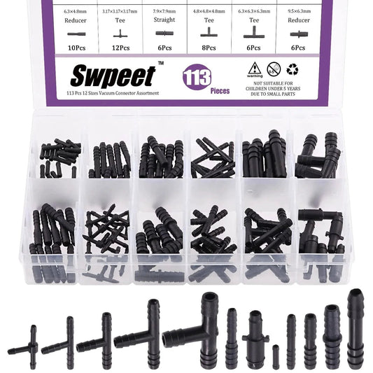 All In One 113 Piece Barbed Vacuum Connector Kit With Tee Connectors Reducers And Straight Hose Fittings For Replacing Vacuum Hoses In Cars Trucks Boats And Home Appliances Swpeet displayed in a compartmentalized case.