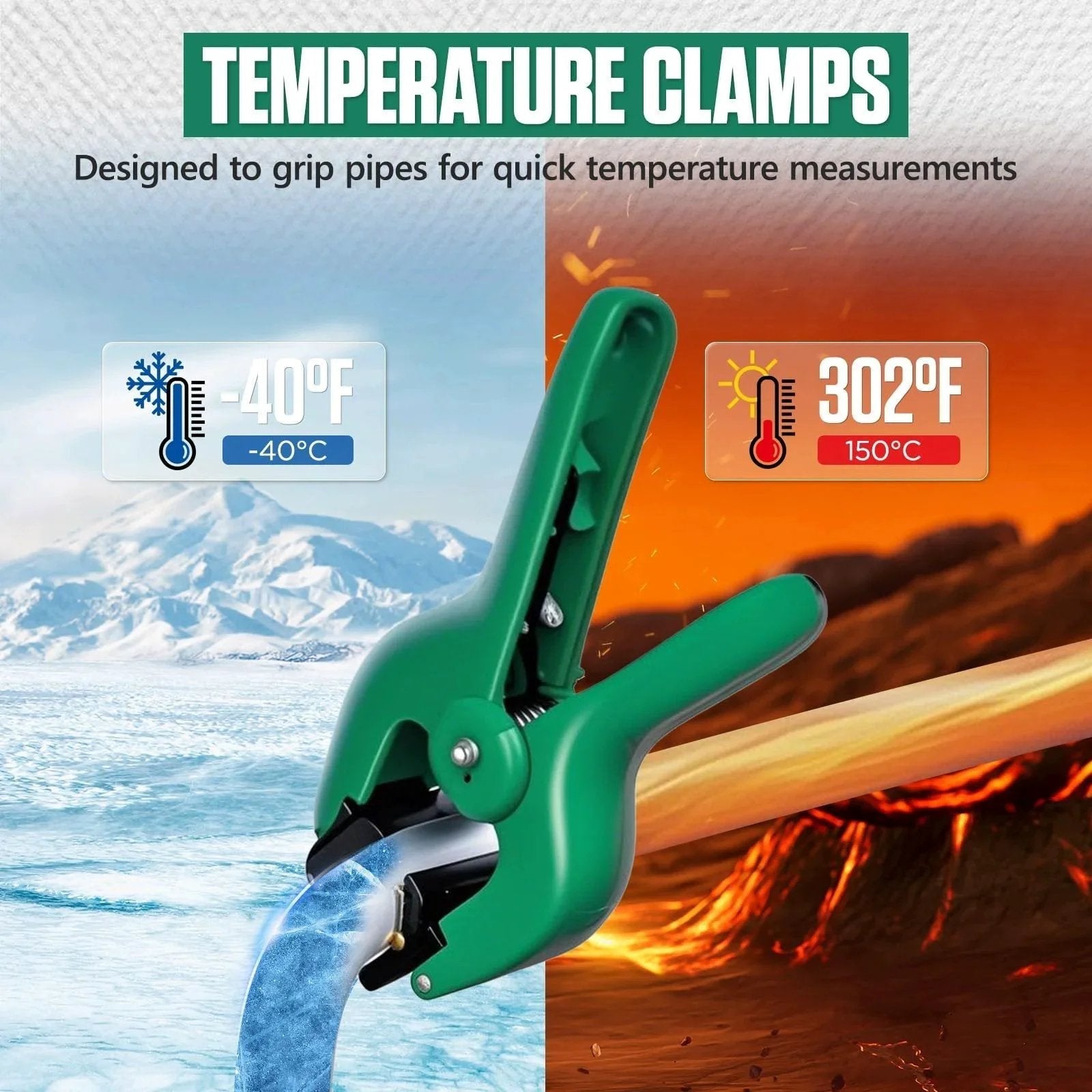 Green temperature clamp gripping pipes for Digital Pro Grade HVAC Manifold Gauge Kit For Refrigerants With Dual Pressure And Temperature Tests Includes Temperature Clips And Hoses Vacuum AC Gauges For R1234YF R134A R404A R410A R32 R744 CO2 BELEY.