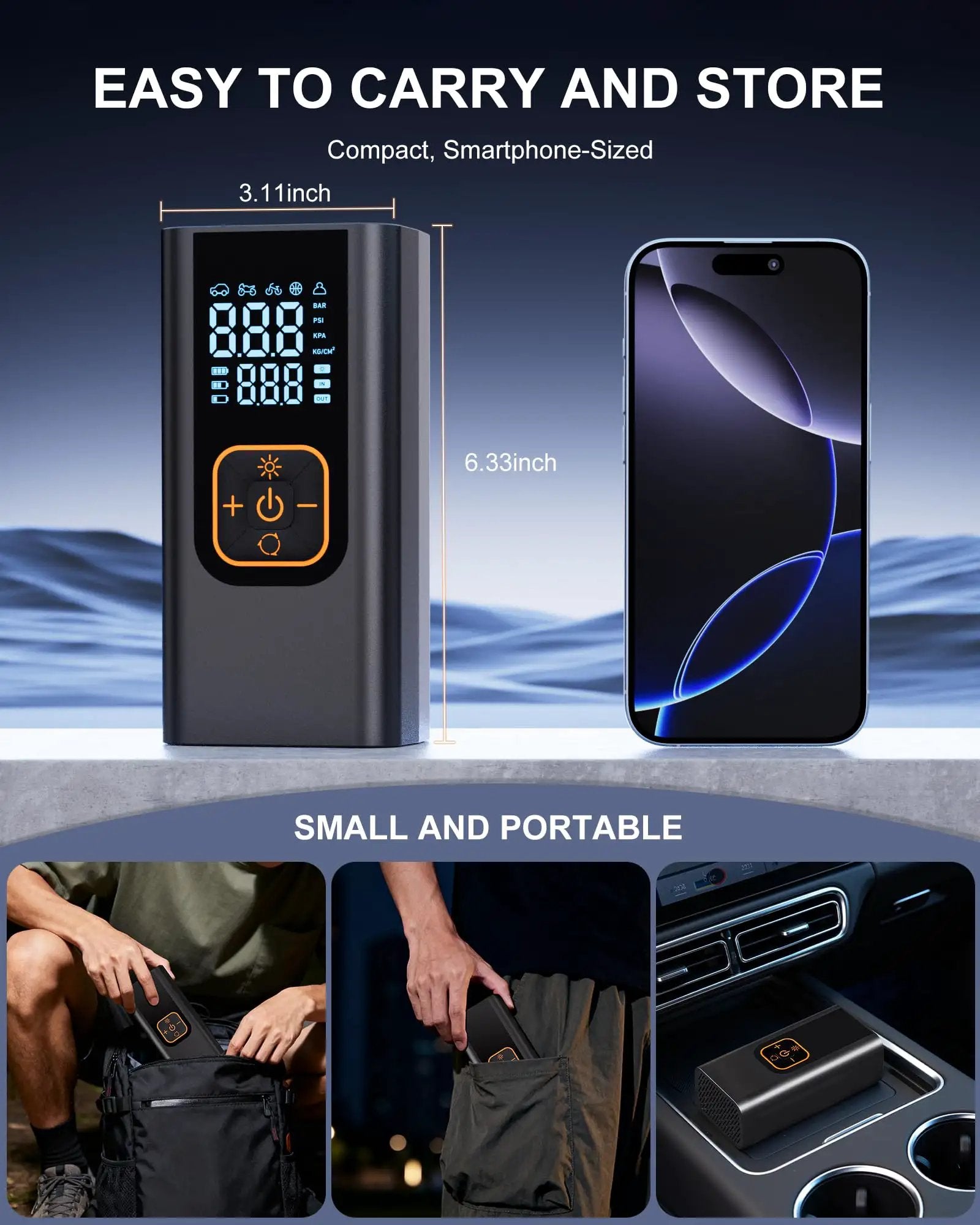 Tire Inflator Portable Air Compressor That Delivers 6X Faster Inflation to 180 PSI Electric Car Tire Pump With Pressure Gauge for Car Tires Obsidian Black, compact smartphone-sized design.