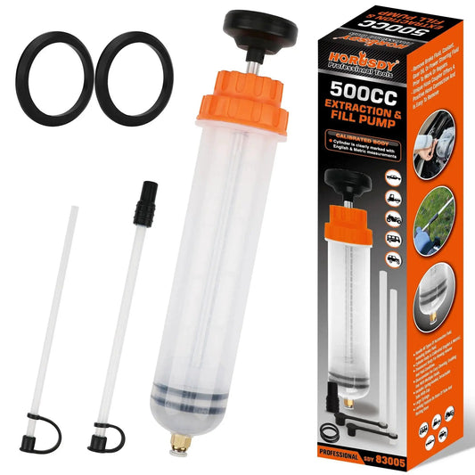 500cc Fluid Extractor for Automotive Use With Dual 7 Inch Hoses Vacuum Syringe including accessories and packaging