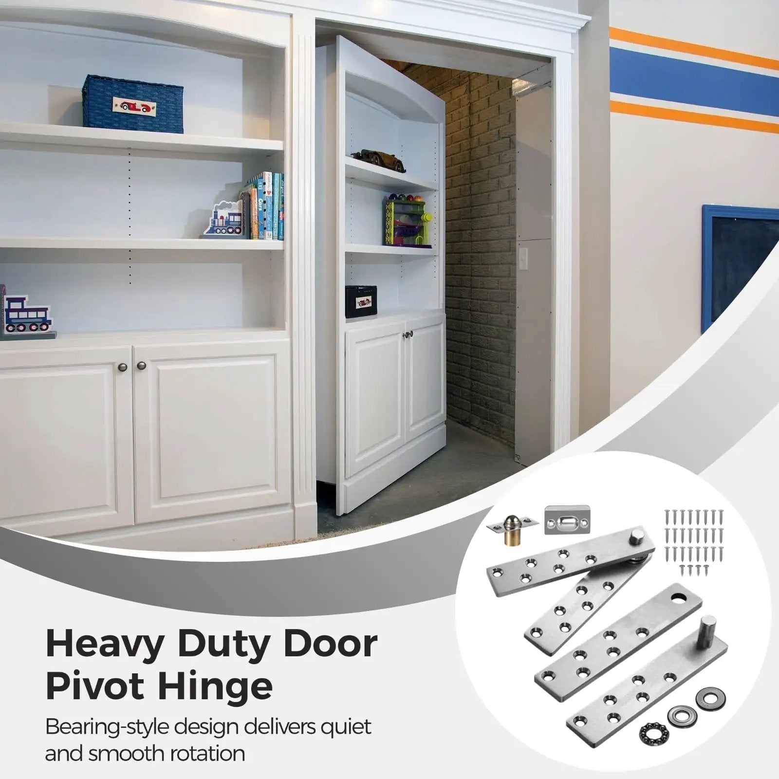 Two Pack Sturdy Door Pivot Hinges Heavy Duty Stainless Steel Hidden Hinges with Silent Bearing for Murphy Doors shown in use