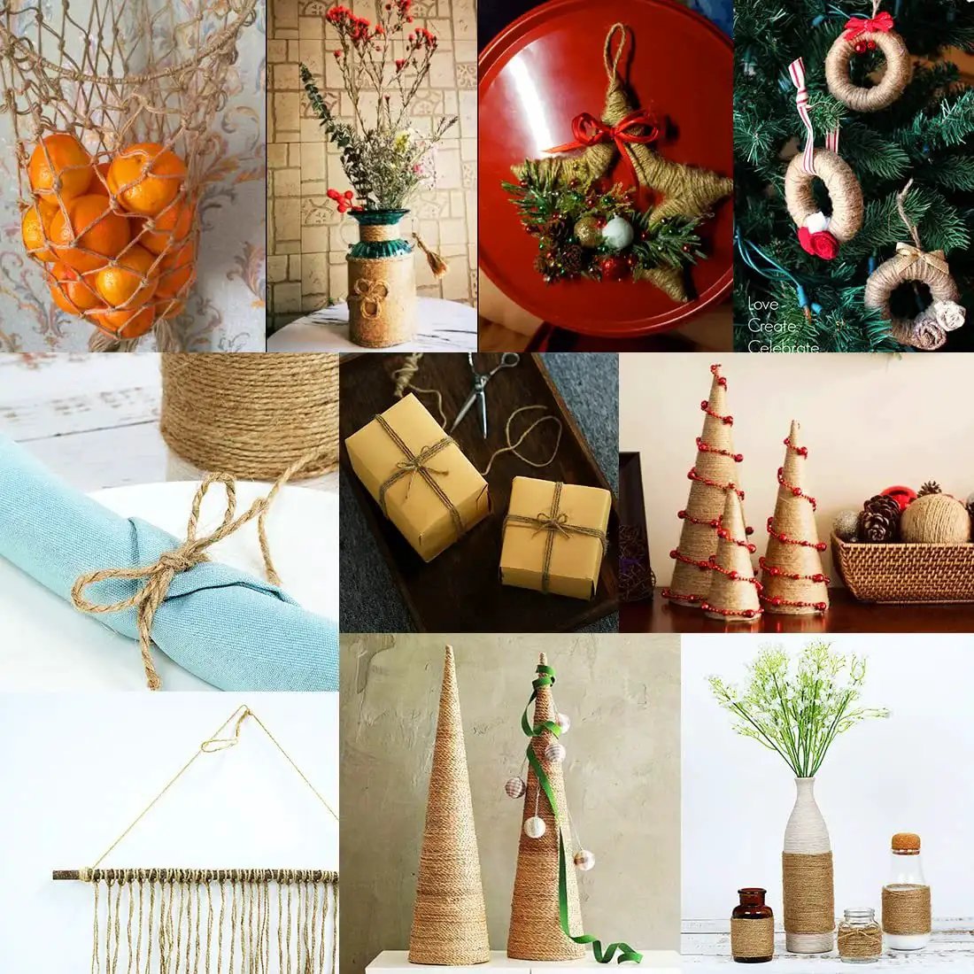 Collage of DIY crafts using natural jute twine 2mm thick 600 feet brown string for crafts gift wrapping gardening crochet knitting macrame decor