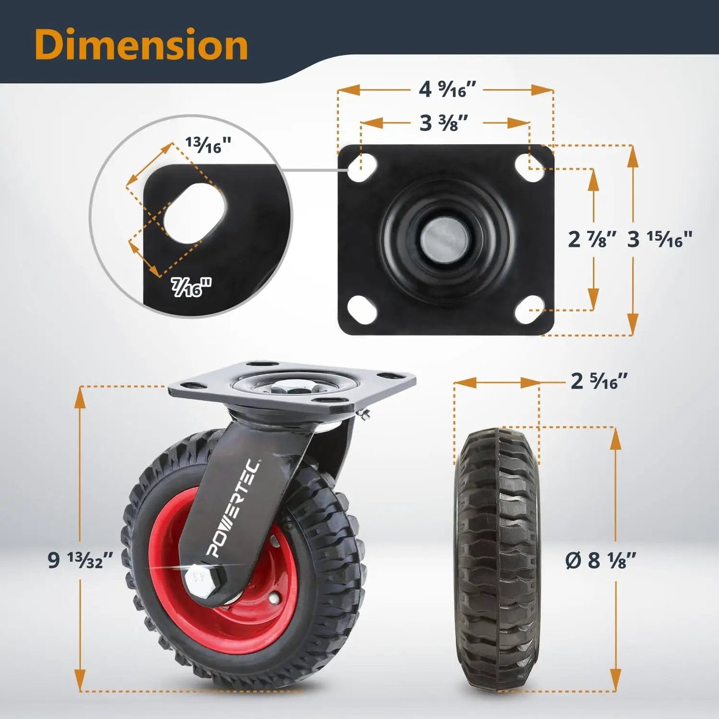 8 Inch Caster Wheels Heavy Duty Swivel Plate Casters With Rubber Knobby Tread dimensions and side view