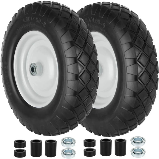4.80 4.00 8 Flat Free Wheel And Tire For Wheelbarrows 16 Inch Solid shown with spacers and bearings