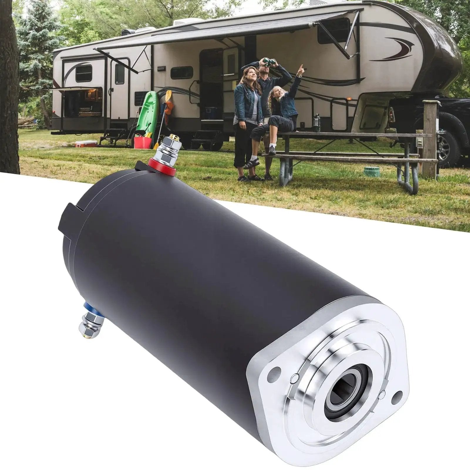 RV Leveling System Hydraulic Pump Motor OE Spec Replacement 414850 286722 in front of a parked RV