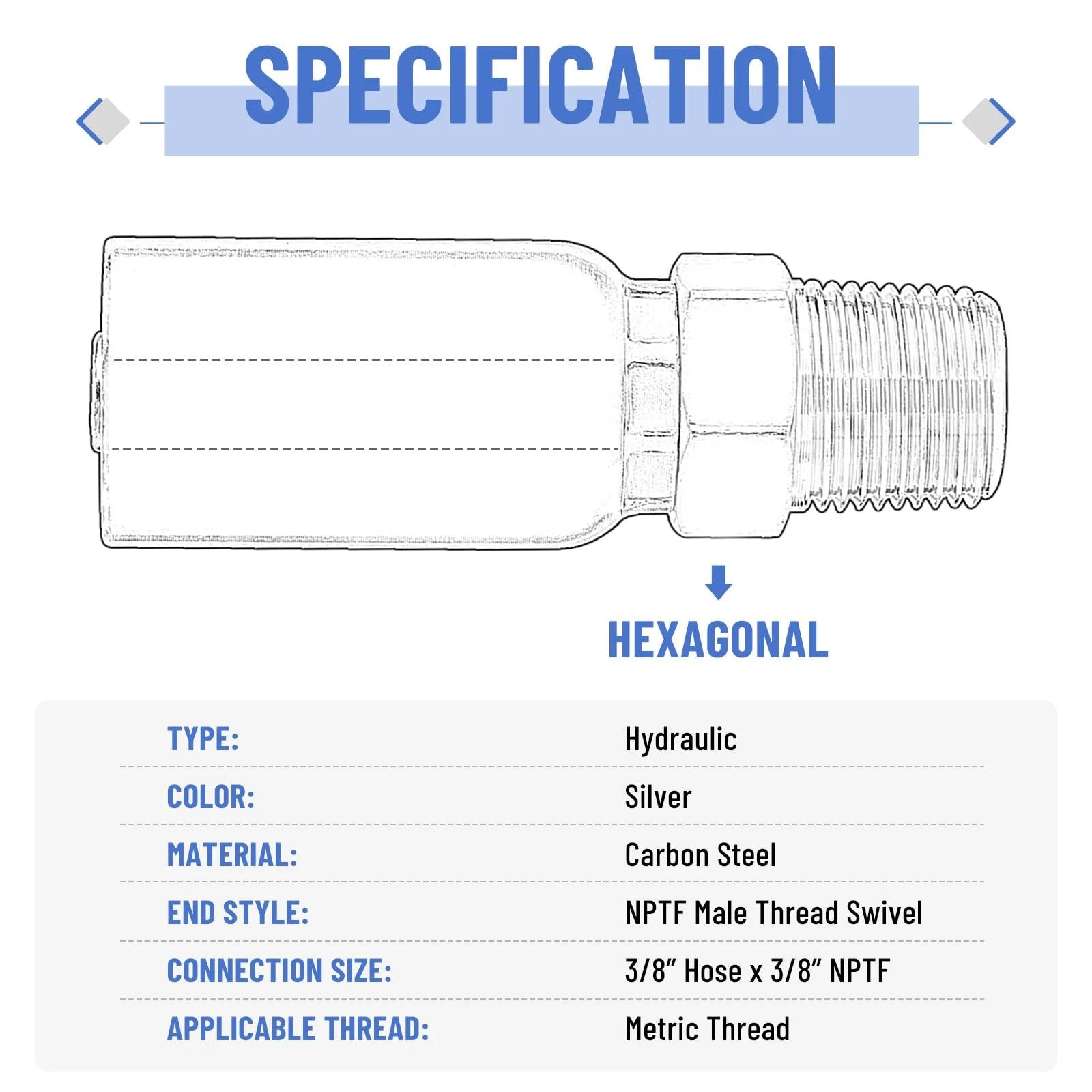 Specification diagram of a Twelve Pack Hydraulic Hose Fittings Set By Racewill For Three Eighths Inch Inner Diameter Hose With Three Eighths Inch NPTF Male Threads And Protective Covers Crimp Fitting Kit Compatible With Weatherhead Eaton Dayco U Series