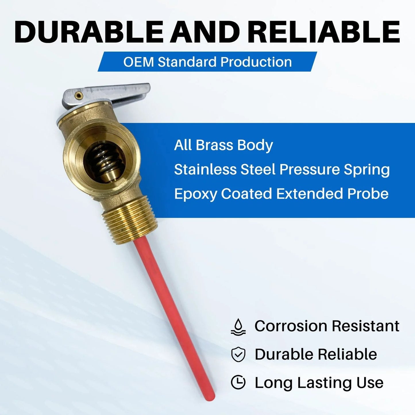 Beefed Up Heavy Duty One Half Inch NPT Temperature And Pressure Relief Valve For RV Water Heaters, all brass body