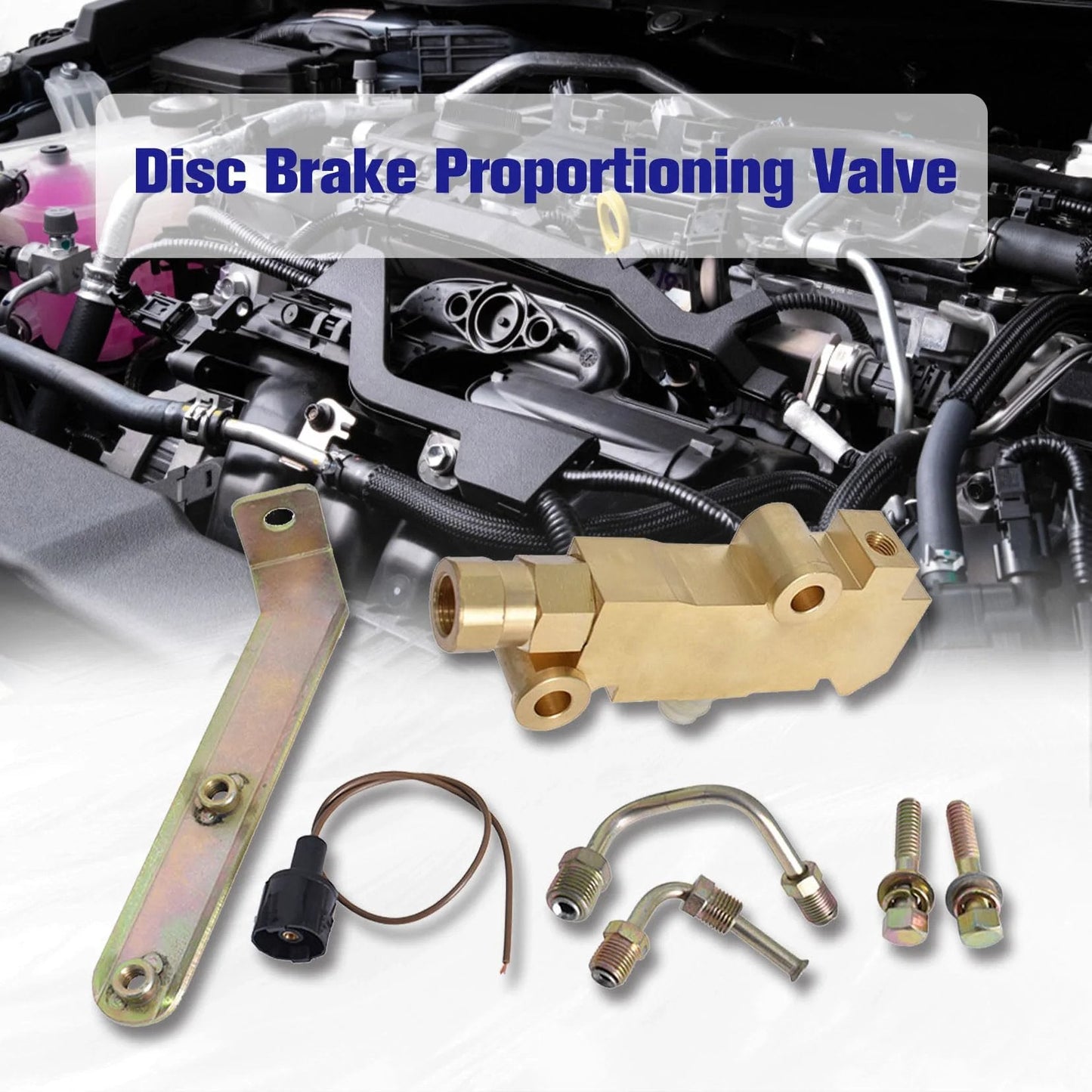 Disc Brake Proportioning Valve Kit PV4 For 1964 1974 Chevrolet Monte Carlo Nova And El Camino Front Disc Rear Drum Brakes Replacement Solid Brass Heavy Duty For Street Rods Old School Classic Cars And Trucks shown with components in engine bay.