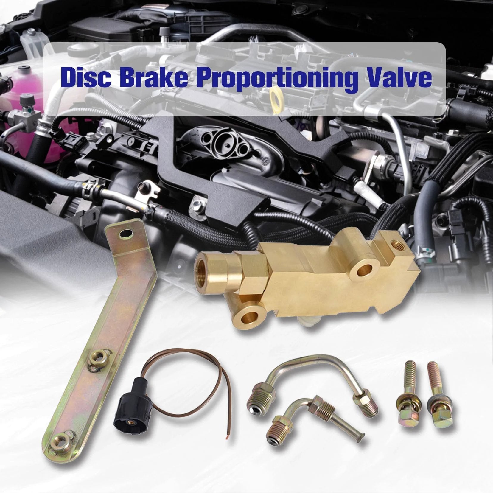 Disc Brake Proportioning Valve Kit PV4 For 1964 1974 Chevrolet Monte Carlo Nova And El Camino Front Disc Rear Drum Brakes Replacement Solid Brass Heavy Duty For Street Rods Old School Classic Cars And Trucks shown with components in engine bay.
