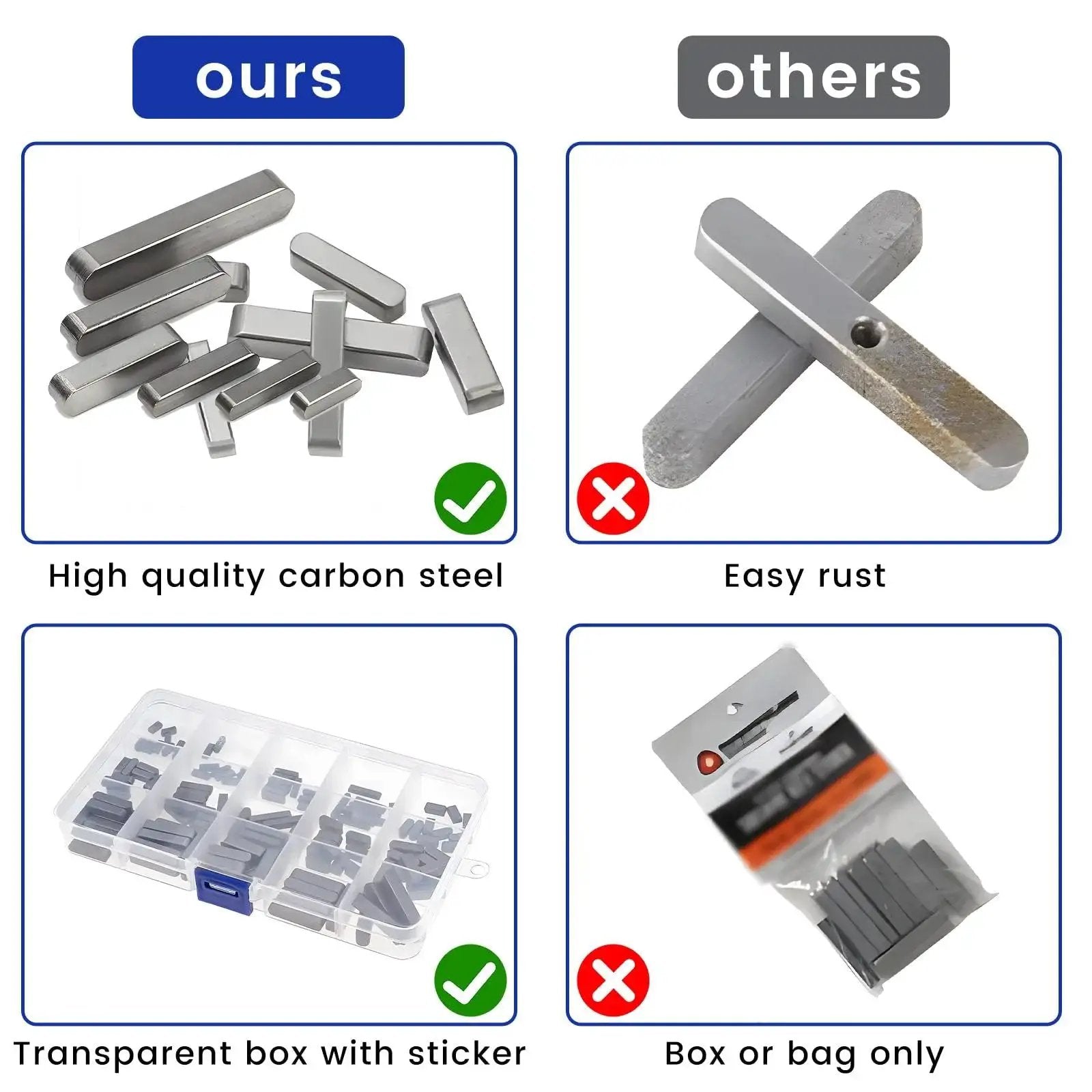 Versatile Pulley Keyway And Drive Shaft Key Set With 140 Pieces in sturdy transparent box, comparison with rusted alternatives
