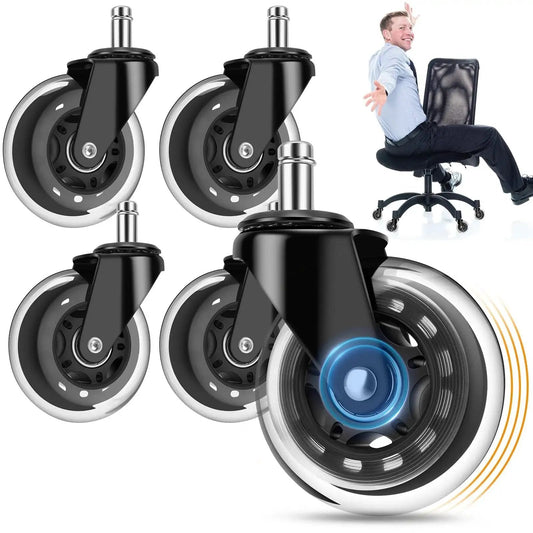 3 Inch Caster Wheel Set Of 5 For Office Chairs, Replacement Wheels With Aerospace Grade ABEC7 Bearings, shown with chair