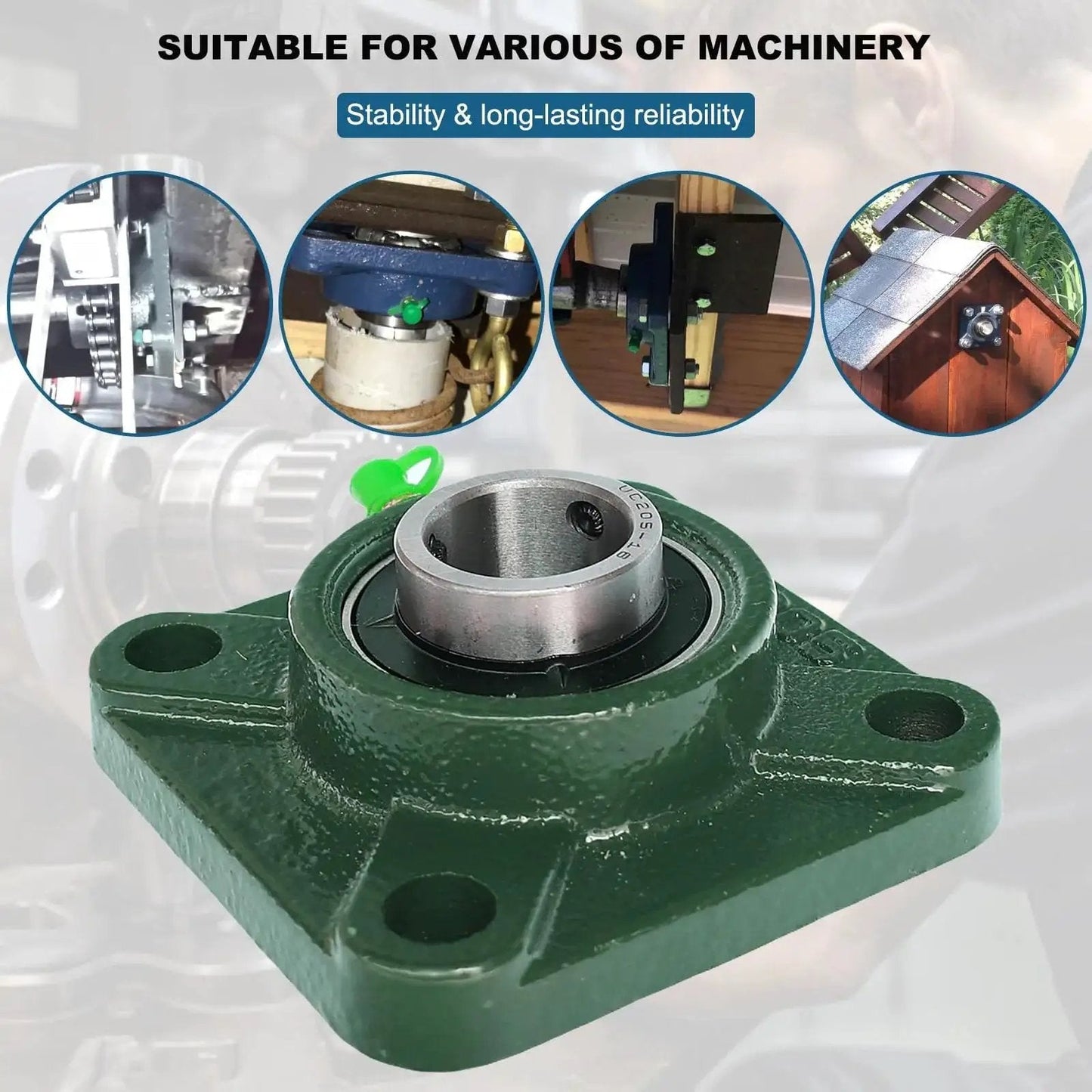 Four Pack UCF205-16 Pillow Block Bearing Set With Square Flange Four Bolt Mount, Bearing Steel Construction, 1 Inch Bore shown in detail