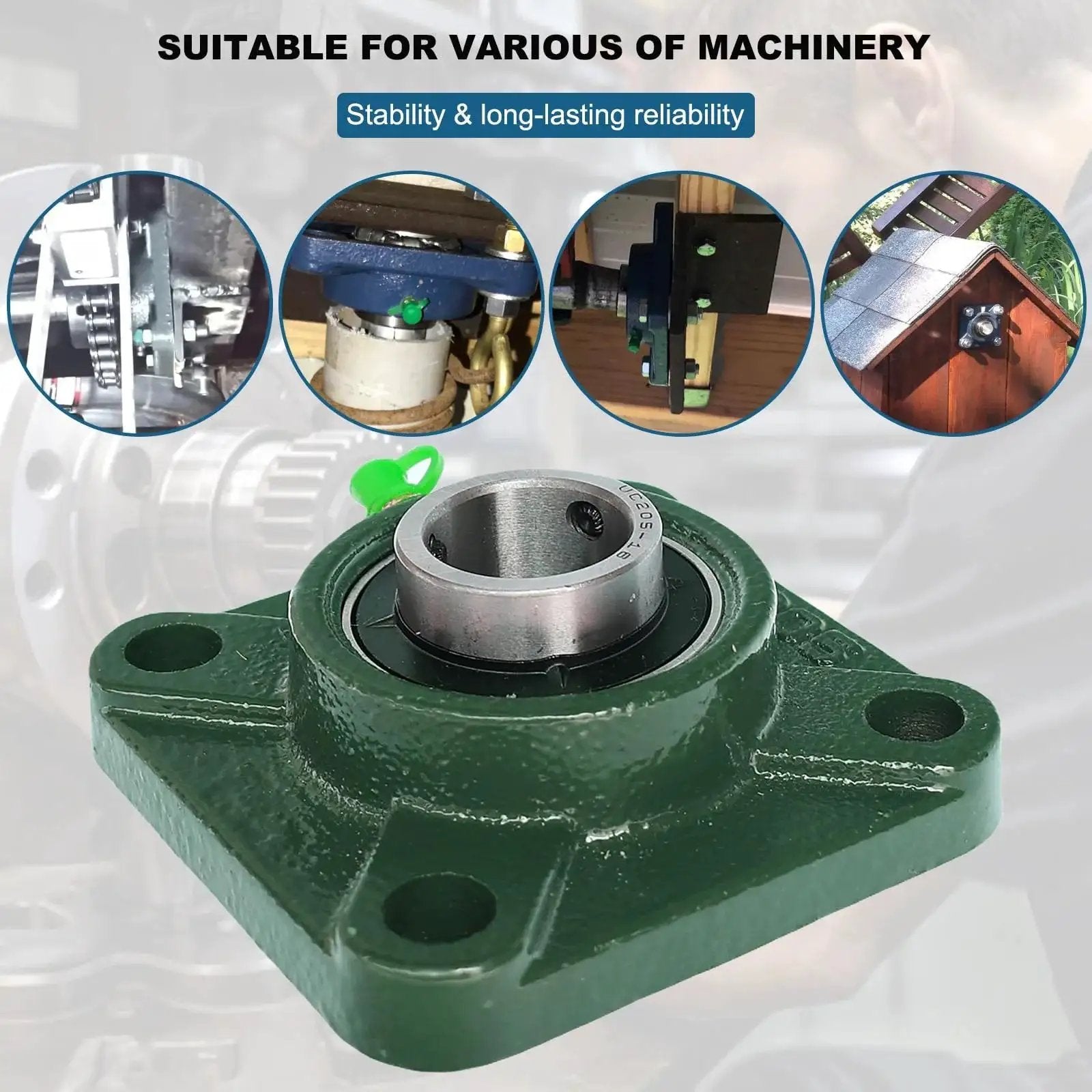Four Pack UCF205-16 Pillow Block Bearing Set With Square Flange Four Bolt Mount, Bearing Steel Construction, 1 Inch Bore shown in detail