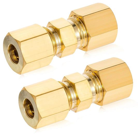 2 Pack Brass Compression Tube Fittings 1/4 Inch OD To 1/4 Inch OD Refrigerator Water Line Connector For Copper Or Plastic Tubing, Durable Brass, Easy Install, Leak Free, Multi Purpose Water Gas Oil Air Line Connector