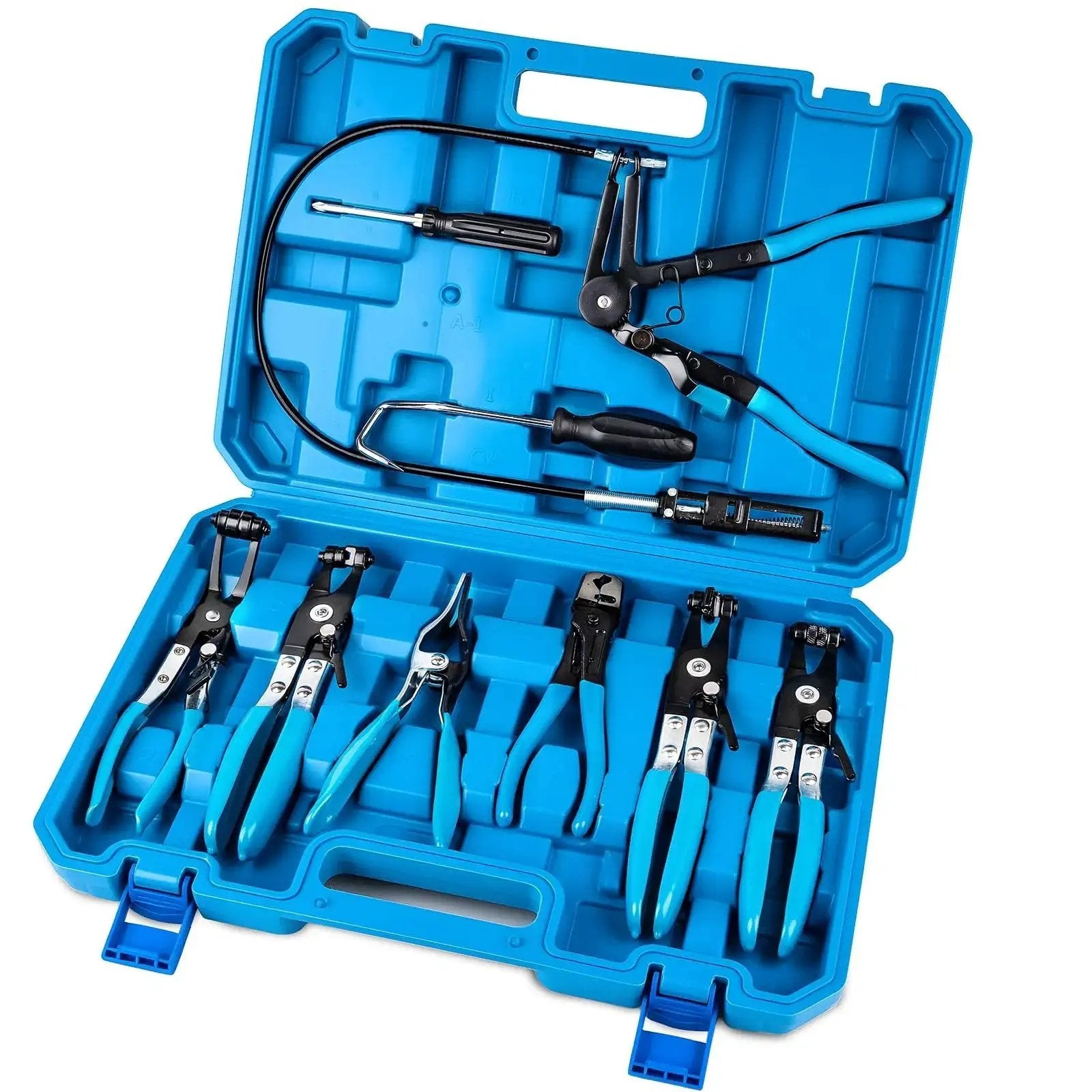 9 Piece Hose Clamp Pliers Set With Long Reach Flexible Cable And Swivel Jaw in blue plastic case
