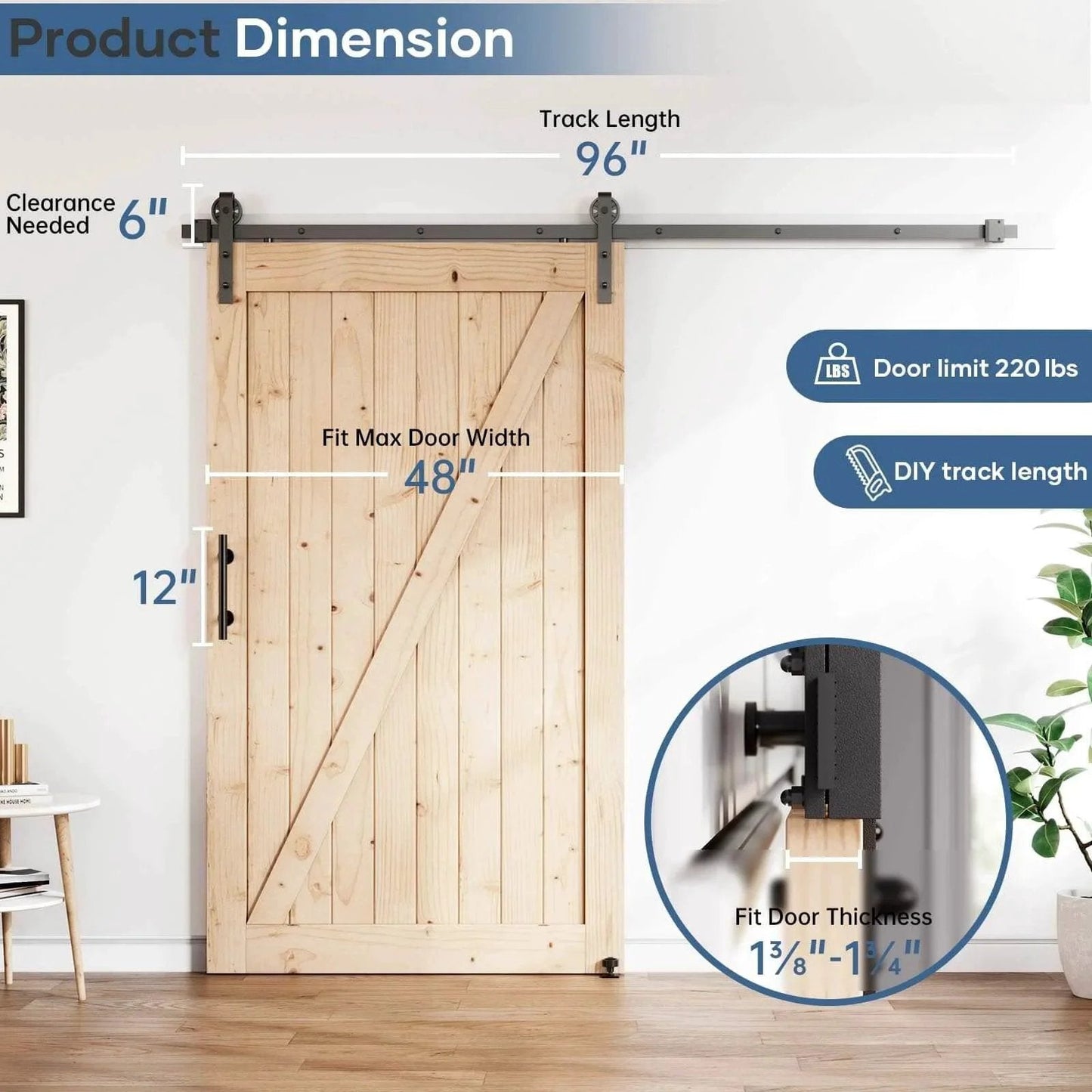 8 Foot Sliding Barn Door Hardware Track Kit With Black Wall Mount And Handle Big Industrial Spoke Wheel Pulley Smooth Quiet Glide Easy Install 96 Inch Track Fits 44 To 46 Inch Openings No Door Included installed with wooden door.