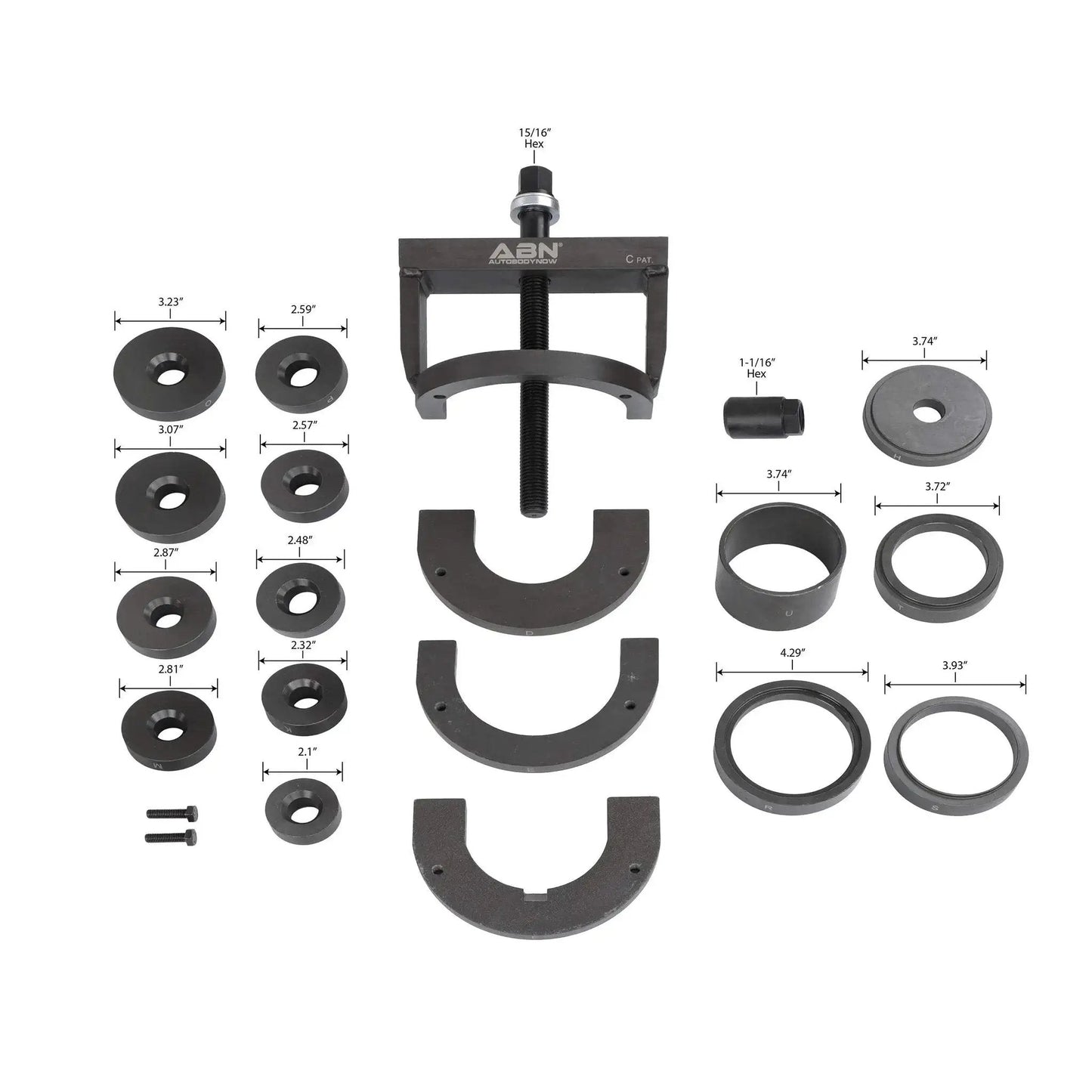 Universal Wheel Bearing Puller Kit And Hub Removal Tool components displayed with measurements for various sizes and shapes.