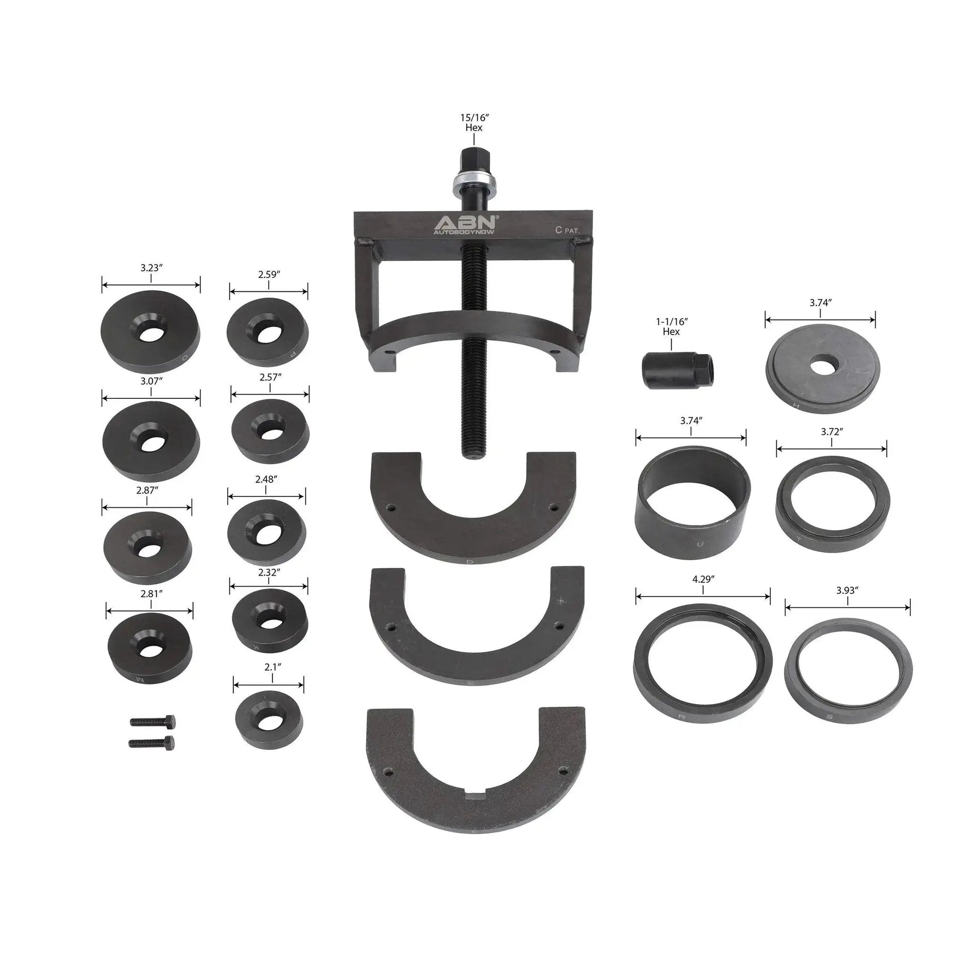 Universal Wheel Bearing Puller Kit And Hub Removal Tool components displayed with measurements for various sizes and shapes.