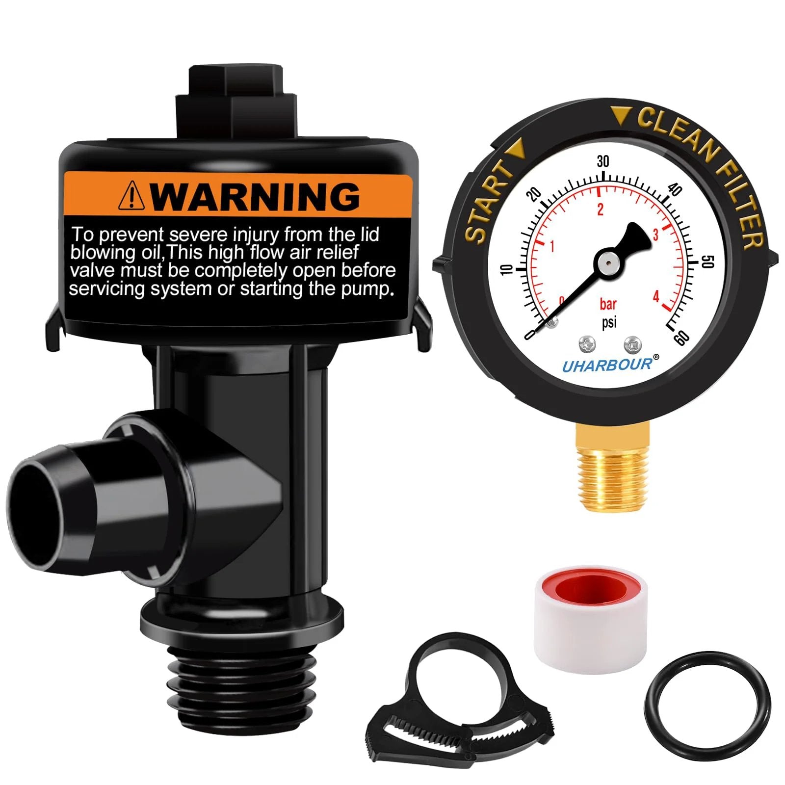 Air Relief Valve With Pool Filter Pressure Gauge 60 Psi For Quick Air Release And Accurate Pressure Readings Keeps Pool Filtration Running Smoothly Compatible With Most Pool Filters And Pumps shown with accessories