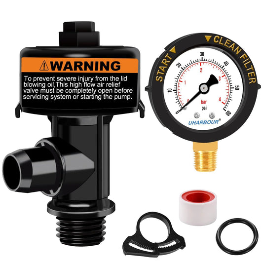 Air Relief Valve With Pool Filter Pressure Gauge 60 Psi For Quick Air Release And Accurate Pressure Readings Keeps Pool Filtration Running Smoothly Compatible With Most Pool Filters And Pumps shown with accessories