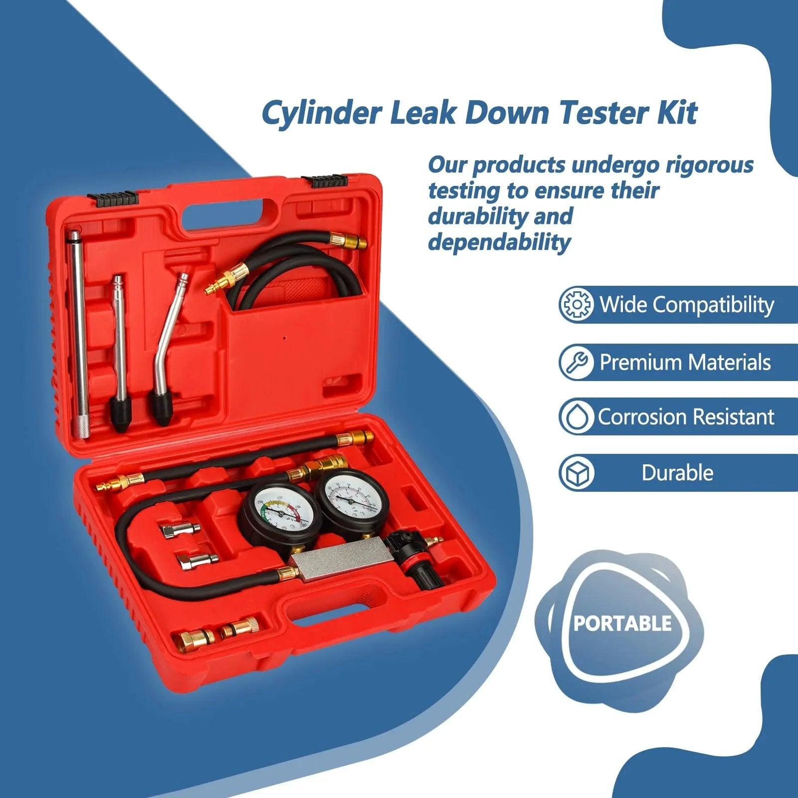 Compression Leakdown Tester Kit For Gasoline Engines Handor Dual Gauge With Universal Connectors And Adapters 3 In 1 Diagnostic Tool For Pressure Check And Leakage Rate Test, open red case with gauges and connectors